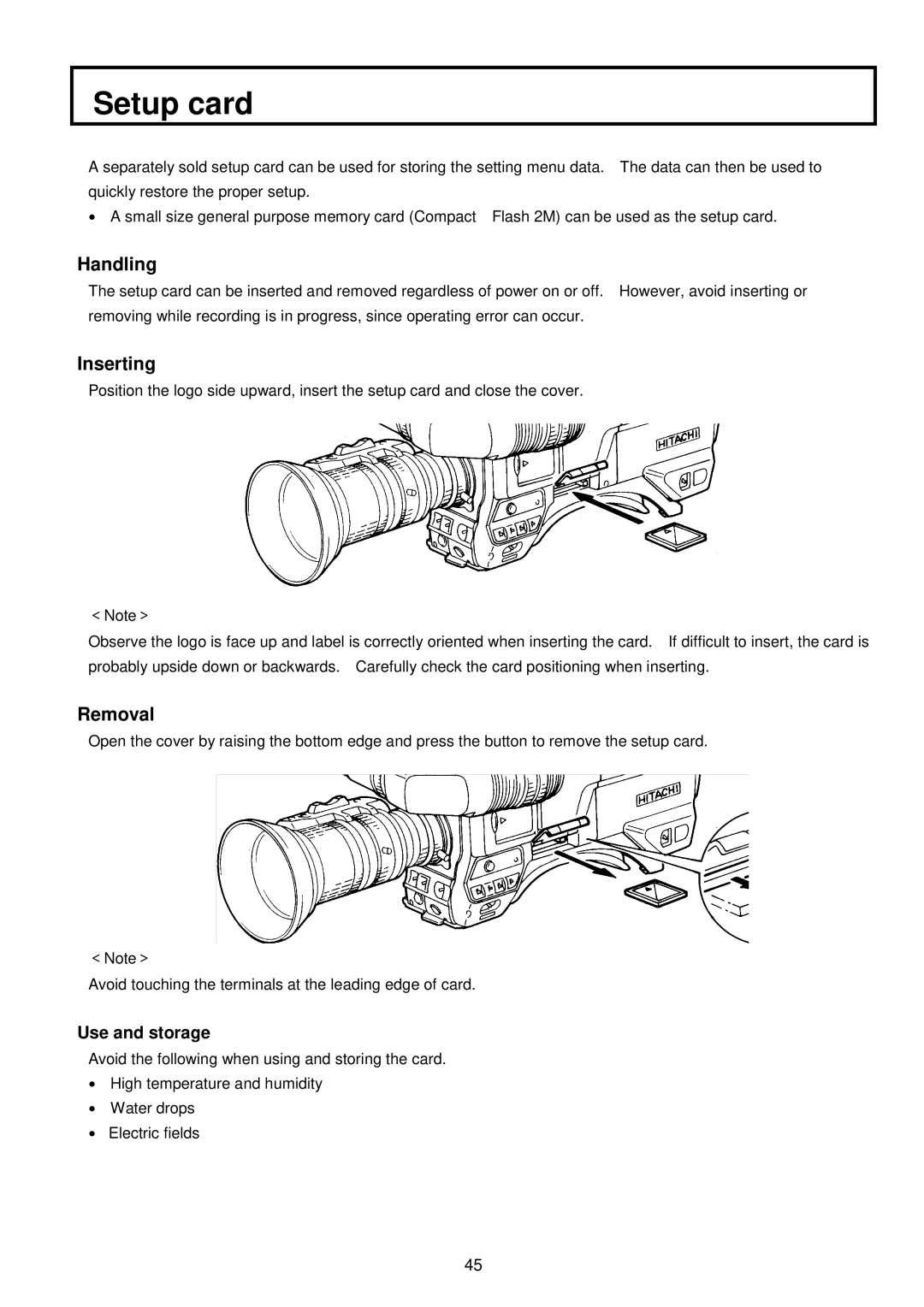 Hitachi V-21W operating instructions Setup card, Handling, Inserting, Removal 