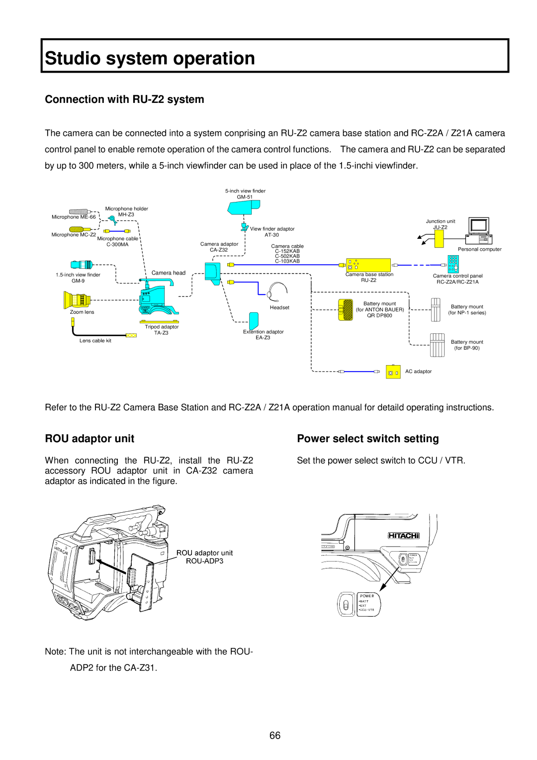 Hitachi V-21W Studio system operation, Connection with RU-Z2 system, ROU adaptor unit Power select switch setting 