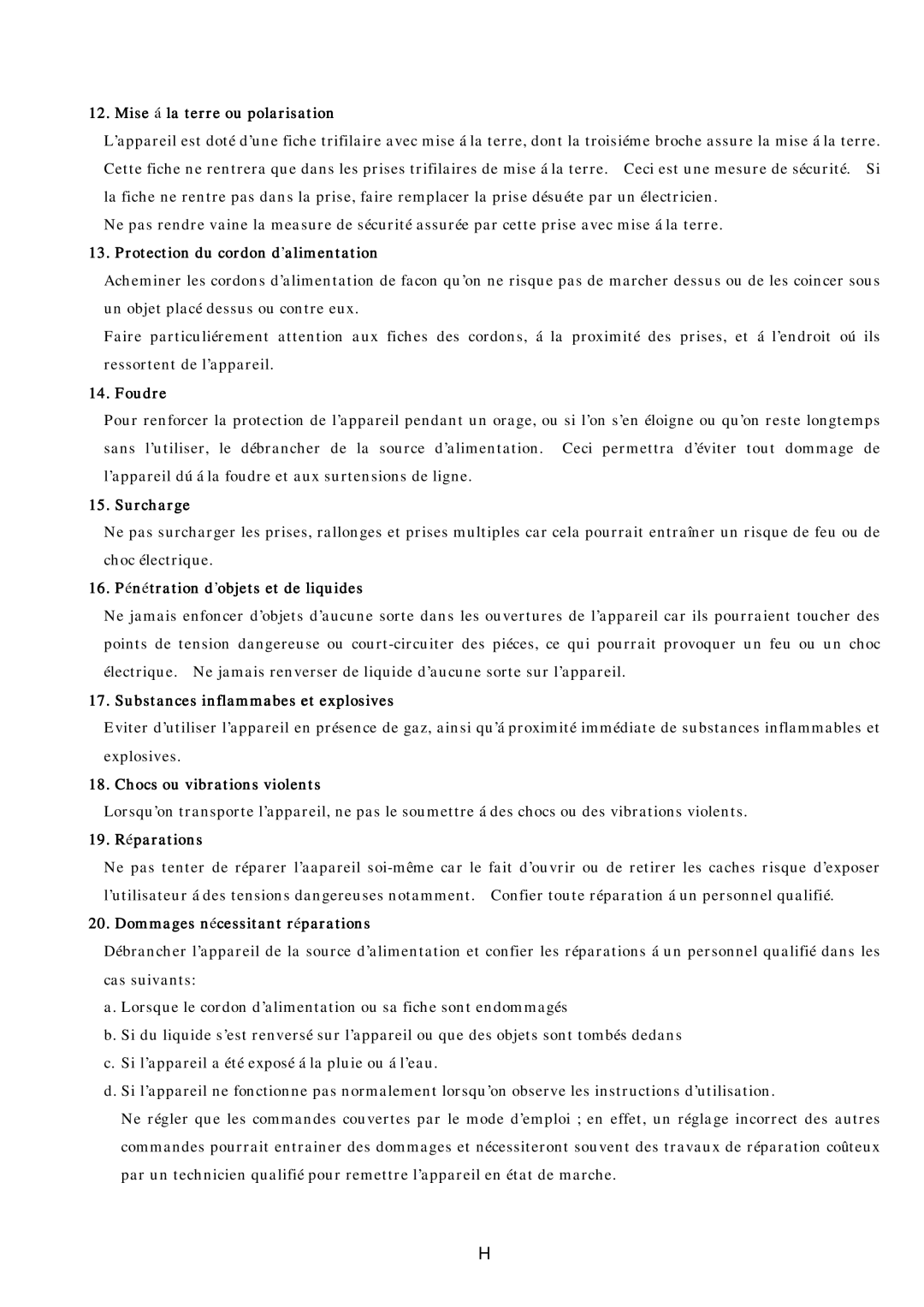 Hitachi V-21 Mise á la terre ou polarisation, Protection du cordon d’alimentation, Foudre, Surcharge, 19. Réparations 