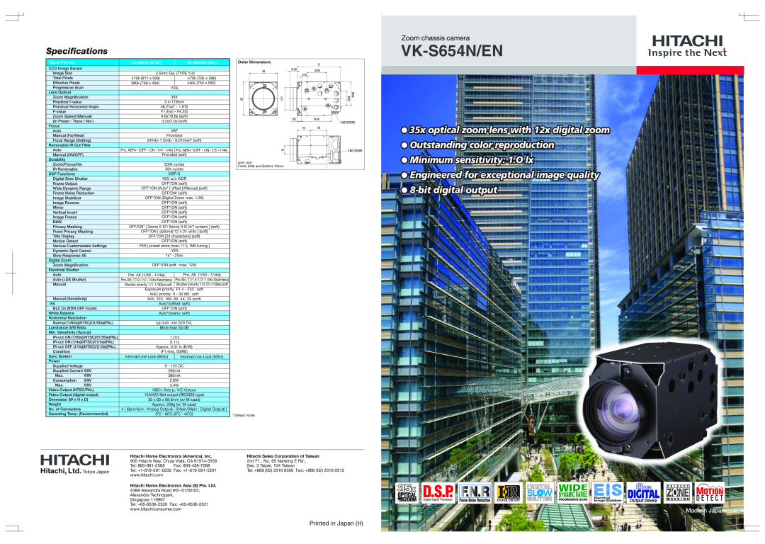 Hitachi VK-S654EN specifications VK-S654N/EN, 35x optical zoom lens with 12xx digitaldigital zoomzoom, bit digital output 
