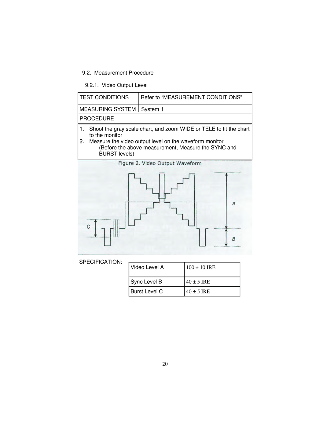 Hitachi vl-21a instruction manual Test Conditions, Measuring System, Procedure, Specification 