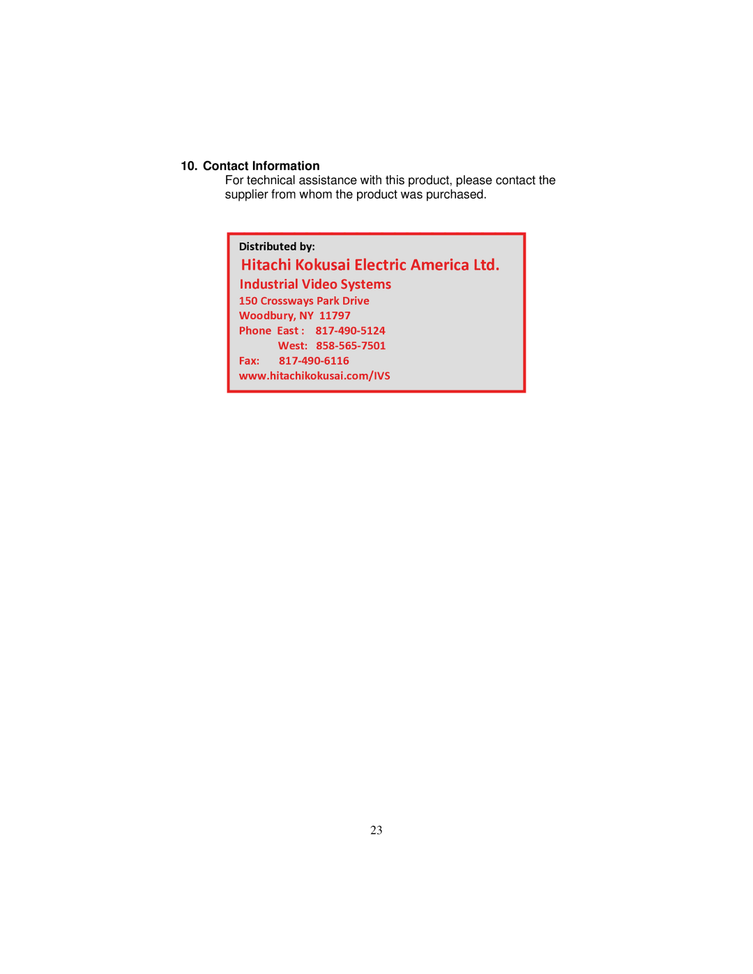 Hitachi vl-21a instruction manual Contact Information 