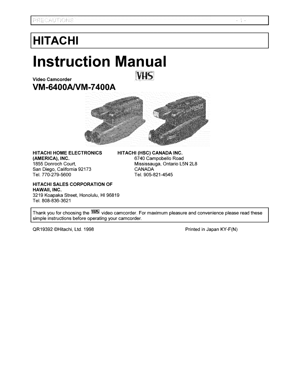 Hitachi VM-6400A instruction manual Video Camcorder, Hitachi Home Electronics AMERICA, INC, Hitachi Sales Corporation 