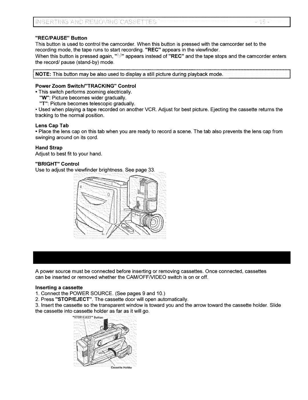 Hitachi VM-6400A instruction manual REC/PAUSE Button, Use to adjust the viewfinder brightness. See, Inserting a cassette 