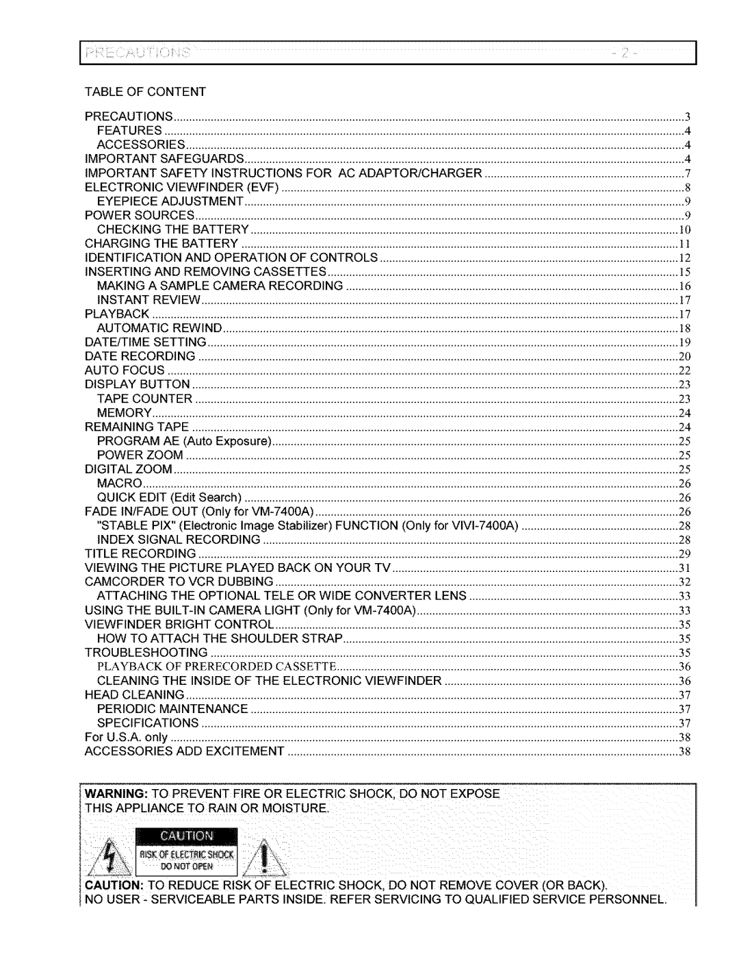 Hitachi VM-6400A instruction manual Tableofcontent 