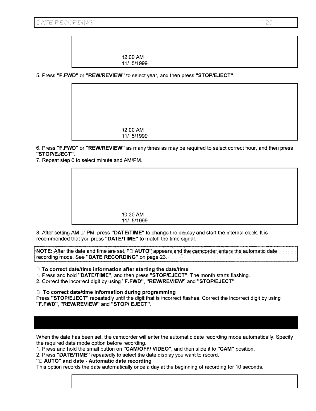 Hitachi VM-6400A instruction manual Stop/Eject, Iii Auto and date Automatic date recording 