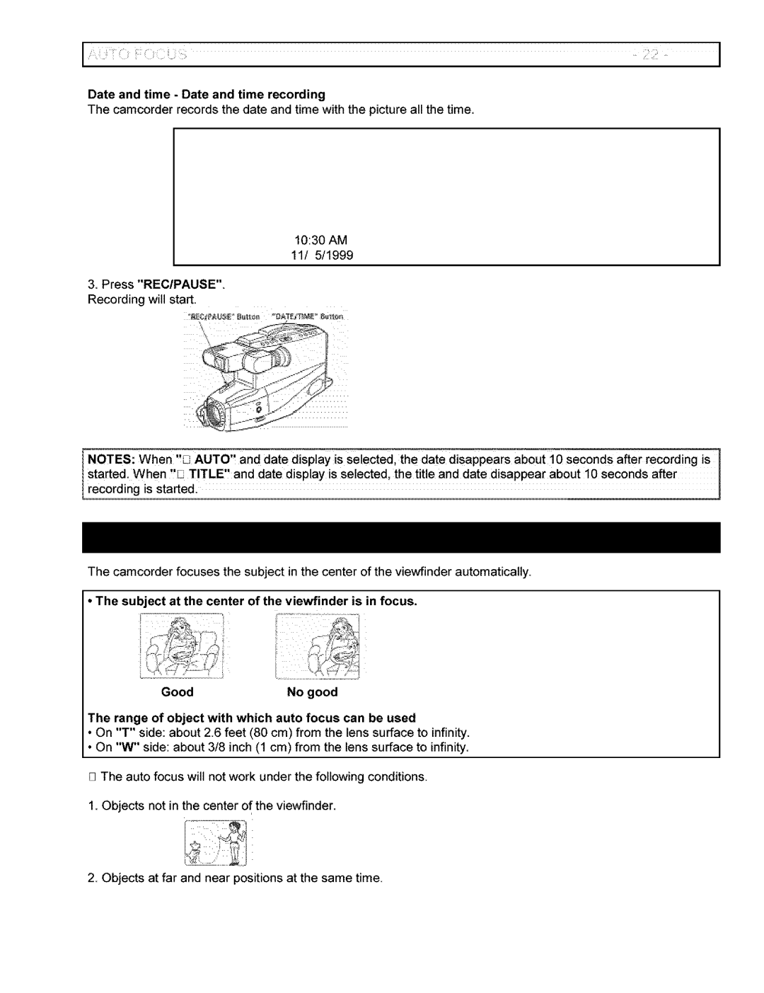 Hitachi VM-6400A instruction manual Date and time Date and time recording, Press REC/PAUSE 