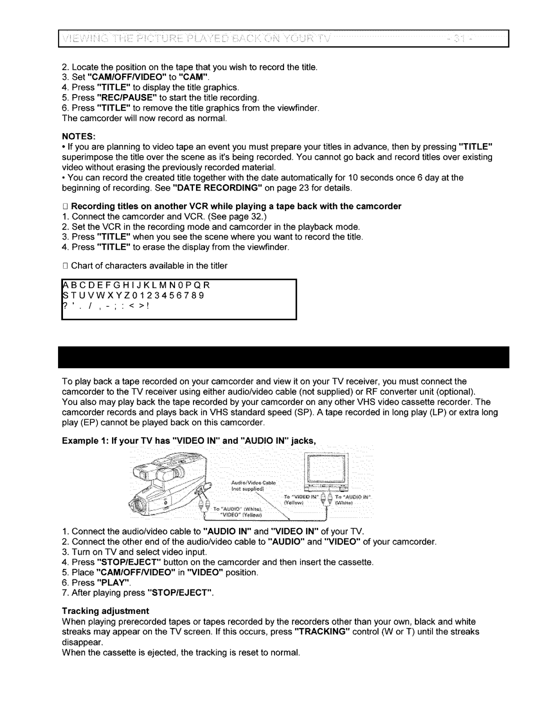 Hitachi VM-6400A instruction manual SetCAM/OFFNIDEO to CAM, Example 1 If your TV has Video in and Audio in jacks 