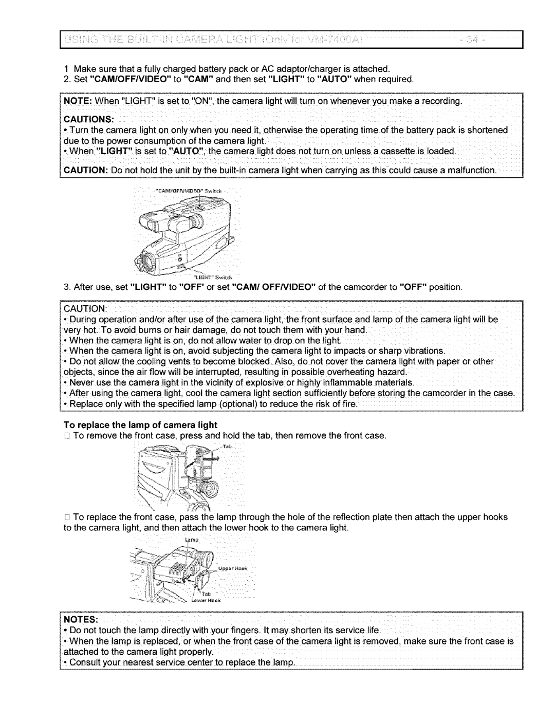 Hitachi VM-6400A instruction manual To replace the lamp of camera light 