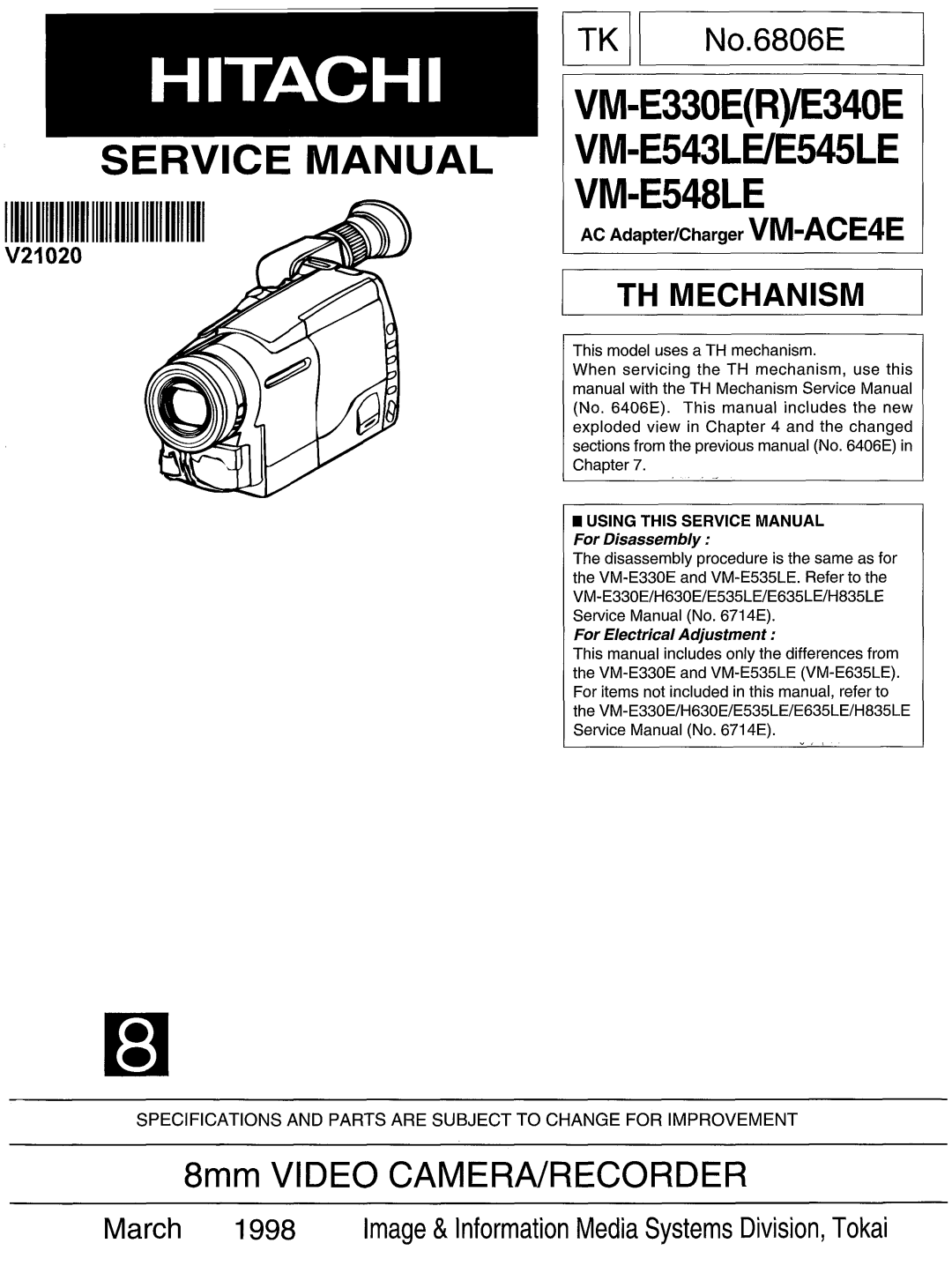 Hitachi VM-E330E manual 