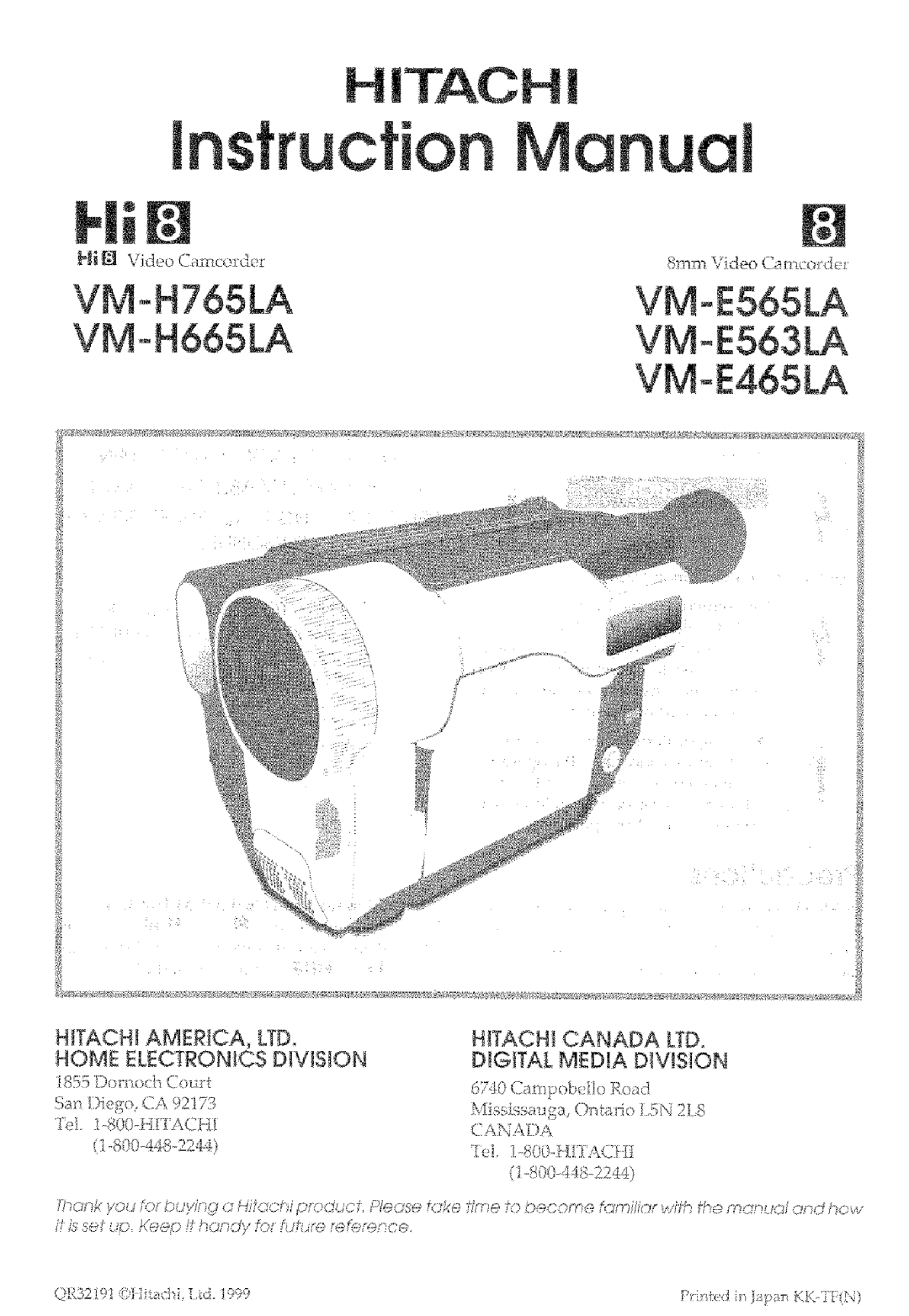 Hitachi VM-E565LA, VM-E465LA manual Home Electronics DiVISiON, FJJ2J Video Camcorder, 8m m Video Ca mclxJe 