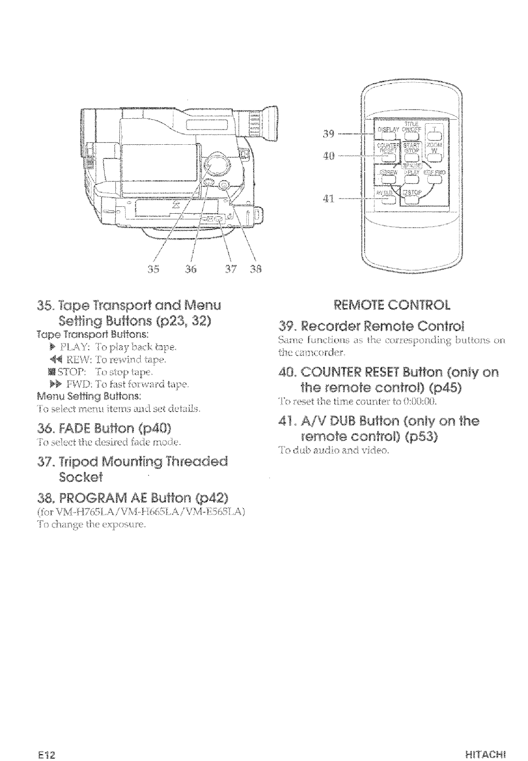 Hitachi VM-E465LA, VM-E565LA manual Tape Tanspof and Menu Se#ing Buffons p23, 36, Fade Button p40, Recode Remote Controf 