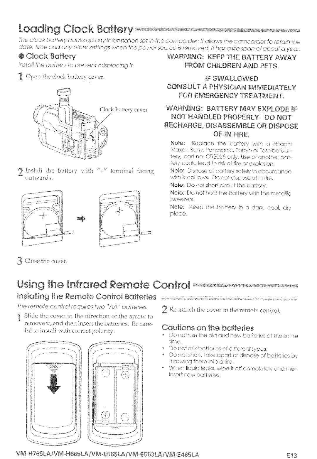 Hitachi VM-E565LA Loading C!ock, Using the infrared Remote Control, Installing the Remote Controt Batteries, Bofferies 