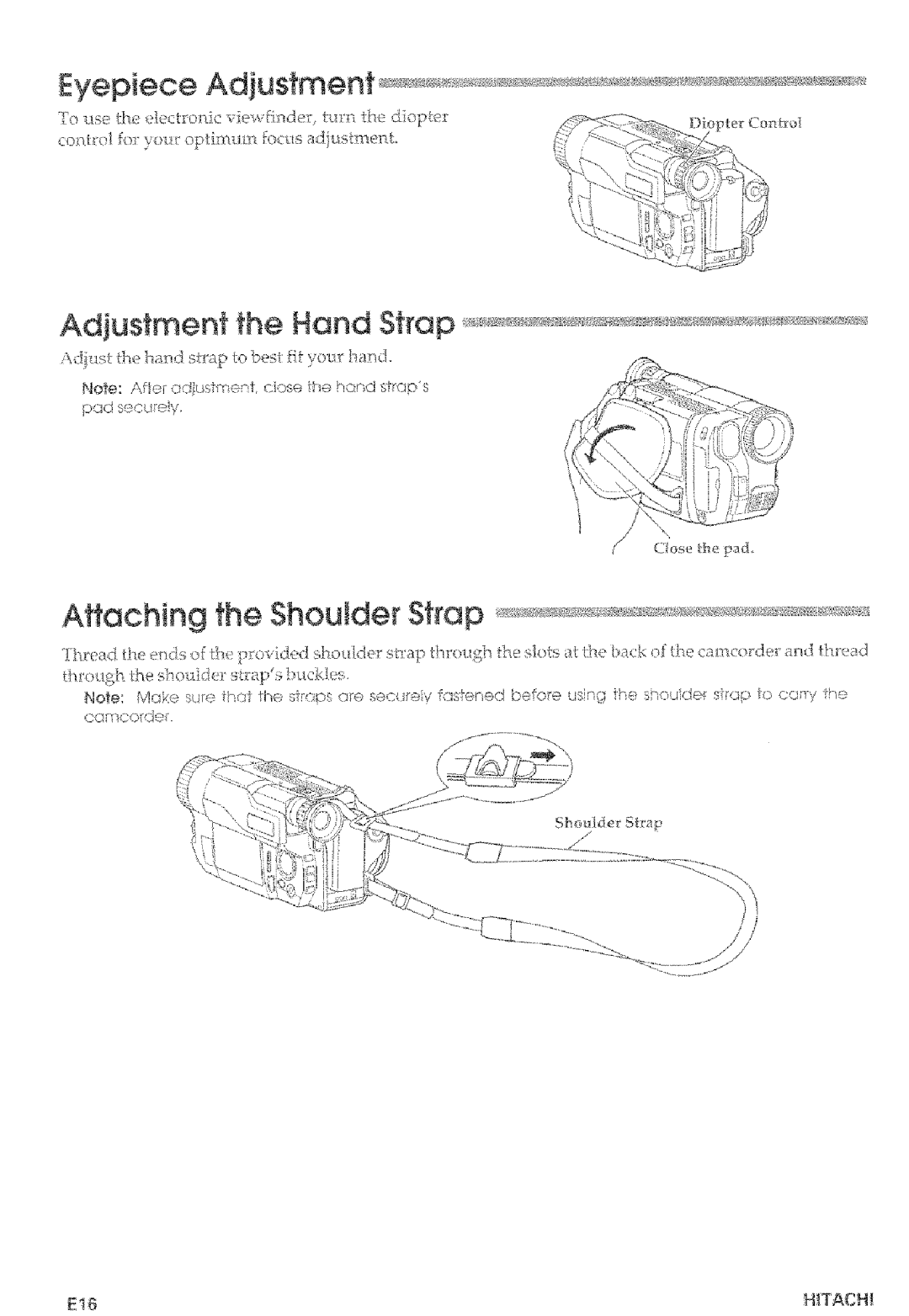 Hitachi VM-E465LA, VM-E565LA manual Adjustmenf the Hand Strap, Attaching the Shoutder Strap, Pod securely 