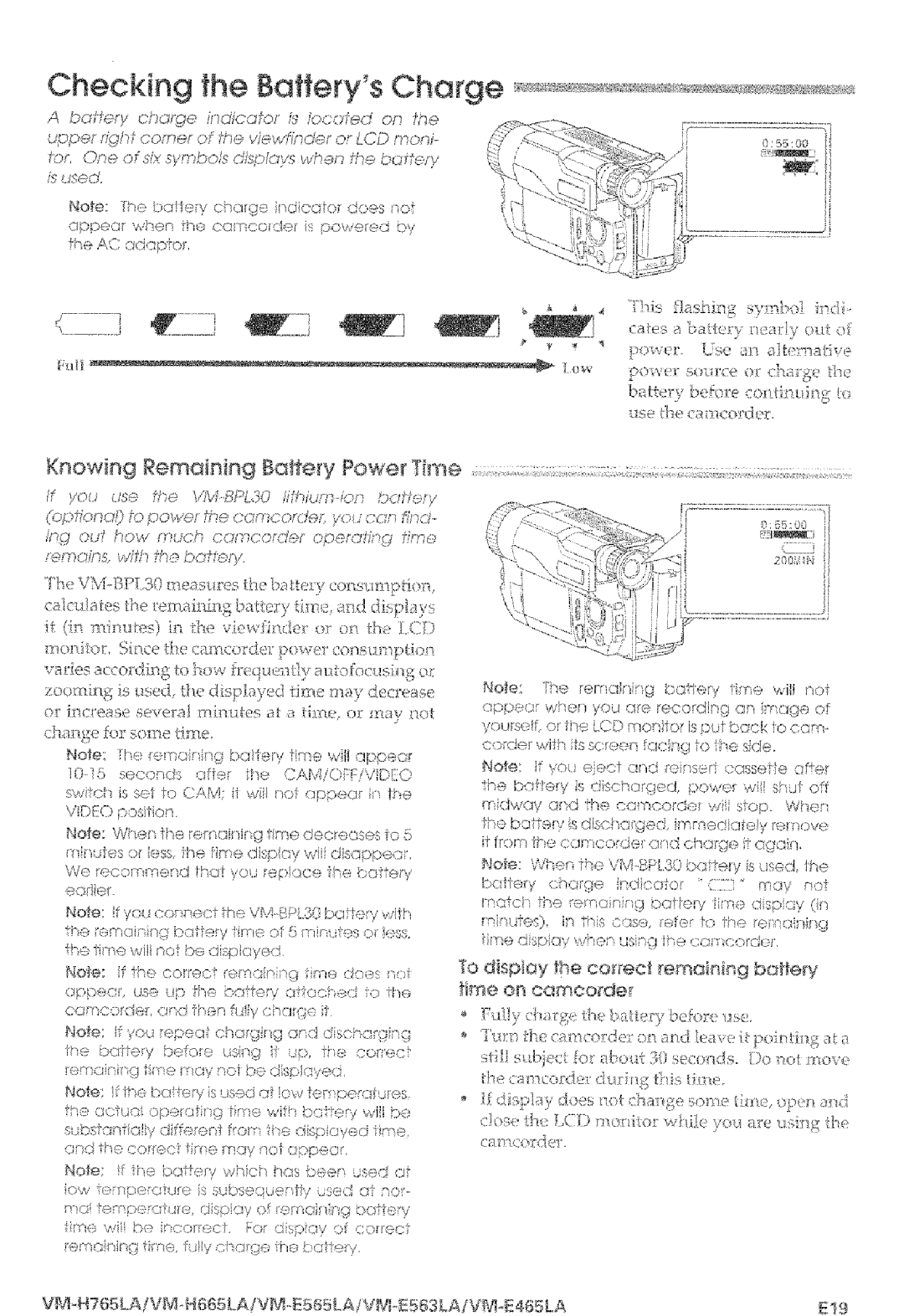 Hitachi VM-E565LA, VM-E465LA manual Checking the Batte@-% Charge, Knowing Remaining Battery Power Time 