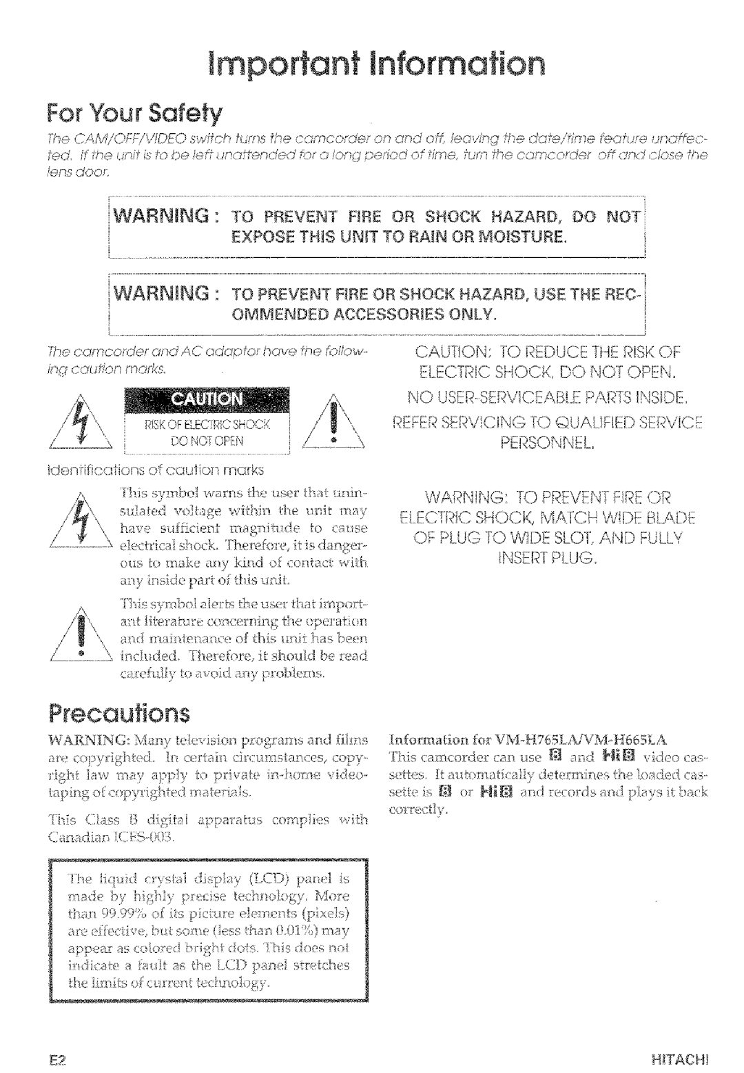 Hitachi VM-E465LA, VM-E565LA manual Precautions, Are coprfgted Ce*tals c rcums Anccs Copy 