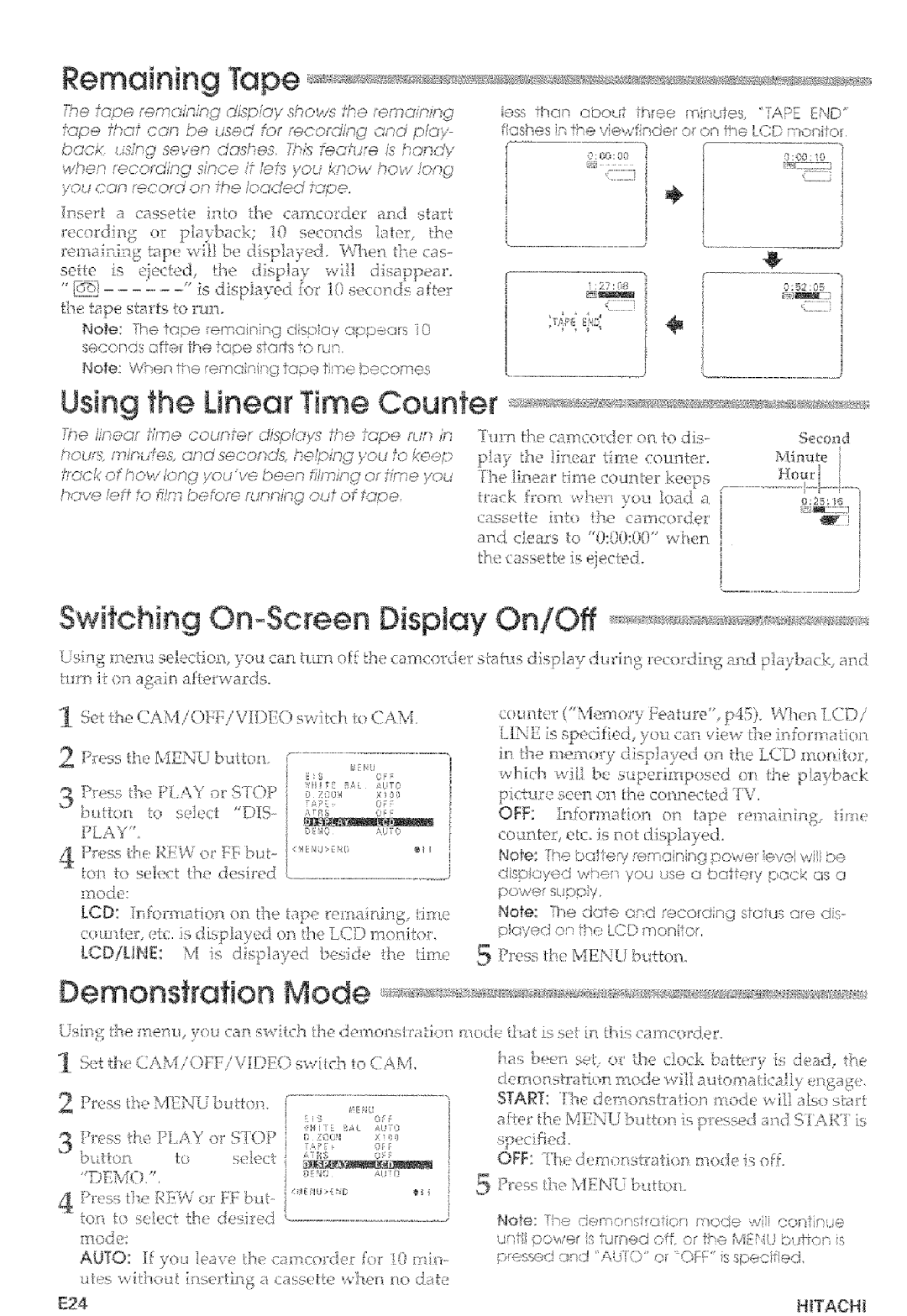 Hitachi VM-E465LA, VM-E565LA manual Demonstration Mode, Set t, Dlch, HITACHi 