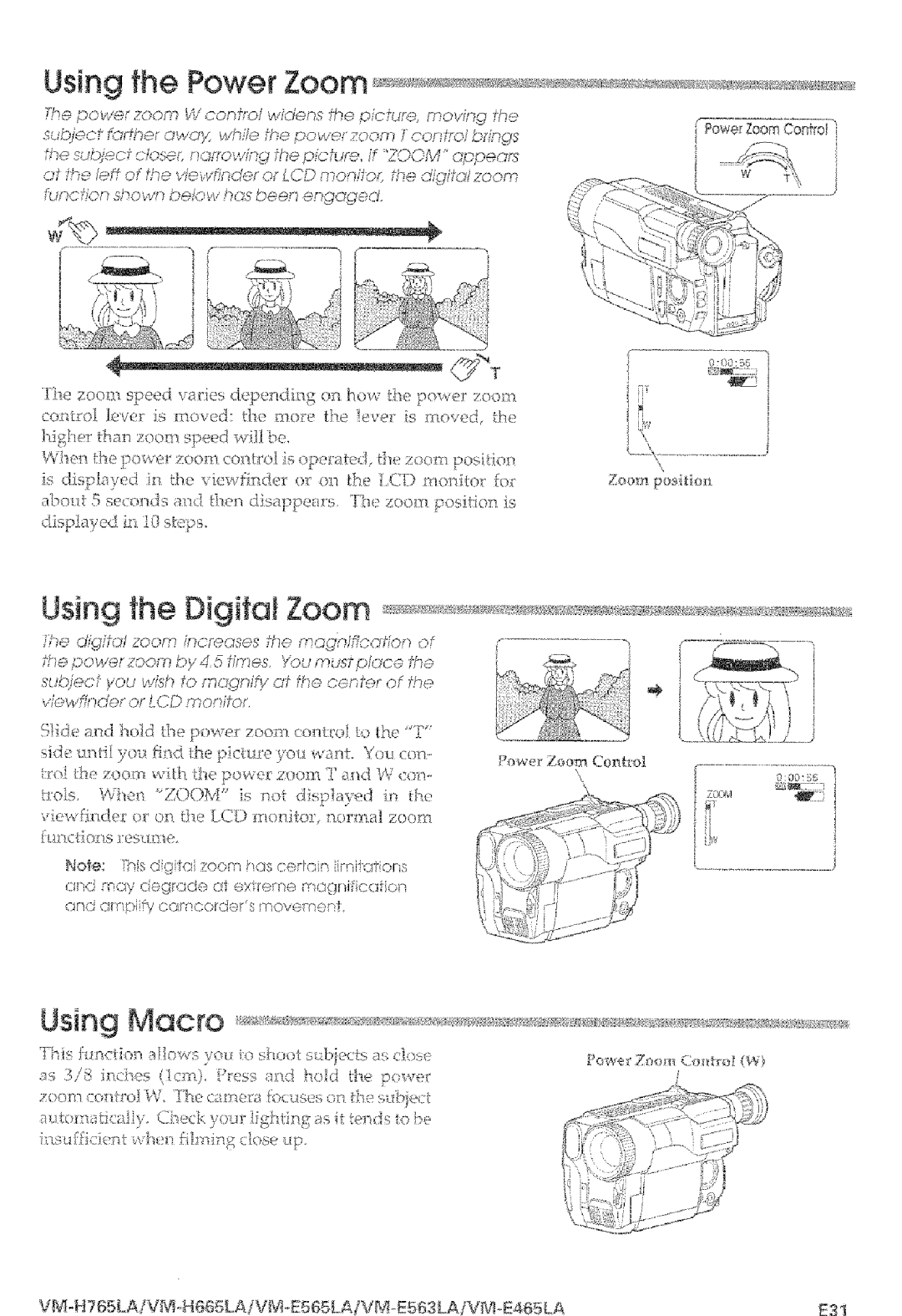 Hitachi VM-E565LA, VM-E465LA manual Using fhe Power Zoom, Using Macro, ?oower Zoo71 y,db Tif71es, Rr oJni 