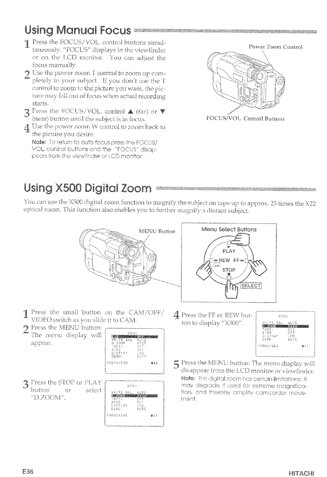 Hitachi VM-E465LA, VM-E565LA manual Using Manuat Focus, HtTACH, Mn,,i, Sthe b O, I \,q Onoc isflaX iO, Egrcd Or extrerr FitO 