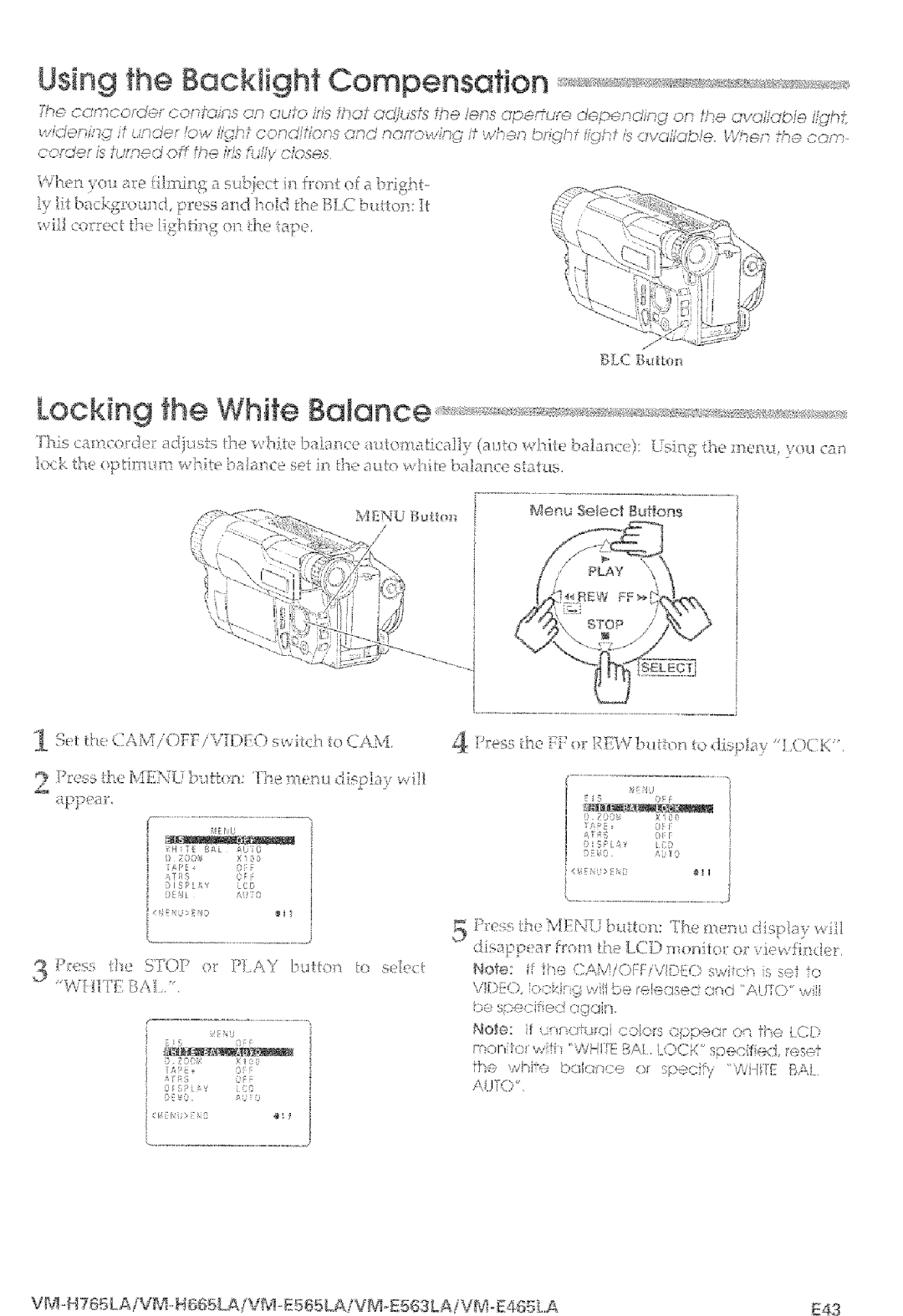 Hitachi VM-E565LA, VM-E465LA manual Using the Back ight Compensation, VM -H765LA!VM, 665LA/VM-E585LA!VME563LAiVM..E465LA E43 