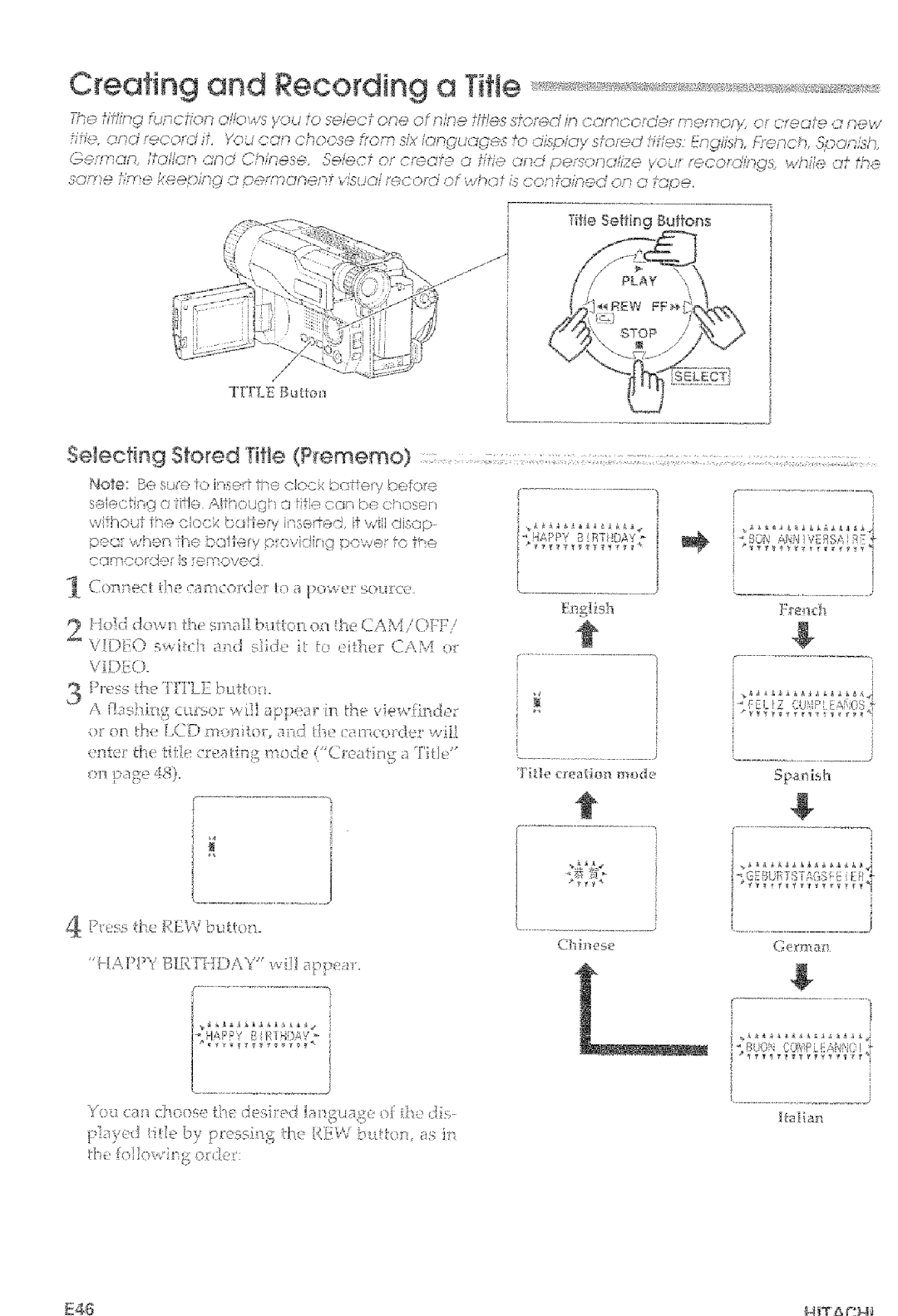 Hitachi VM-E465LA manual Creating and Recording a Tile, Selecting Stored Title Pememo, Con ec P caRcord- ! d IWC SO i£C 