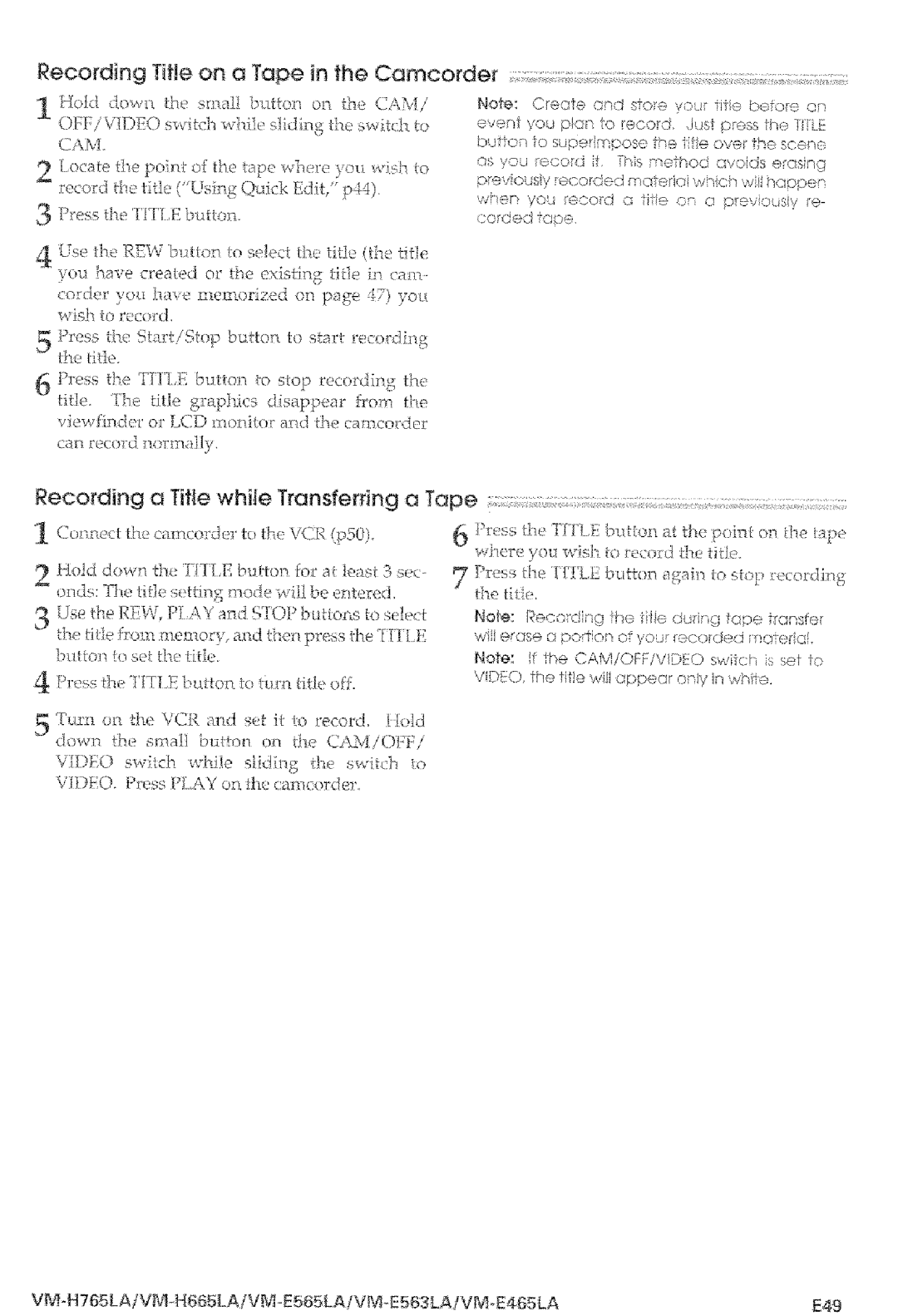 Hitachi VM-E565LA Recoding Title on a Tape in the Camcotder, Recording a Title while Transfeing a Tape, ?utte tese th Je 