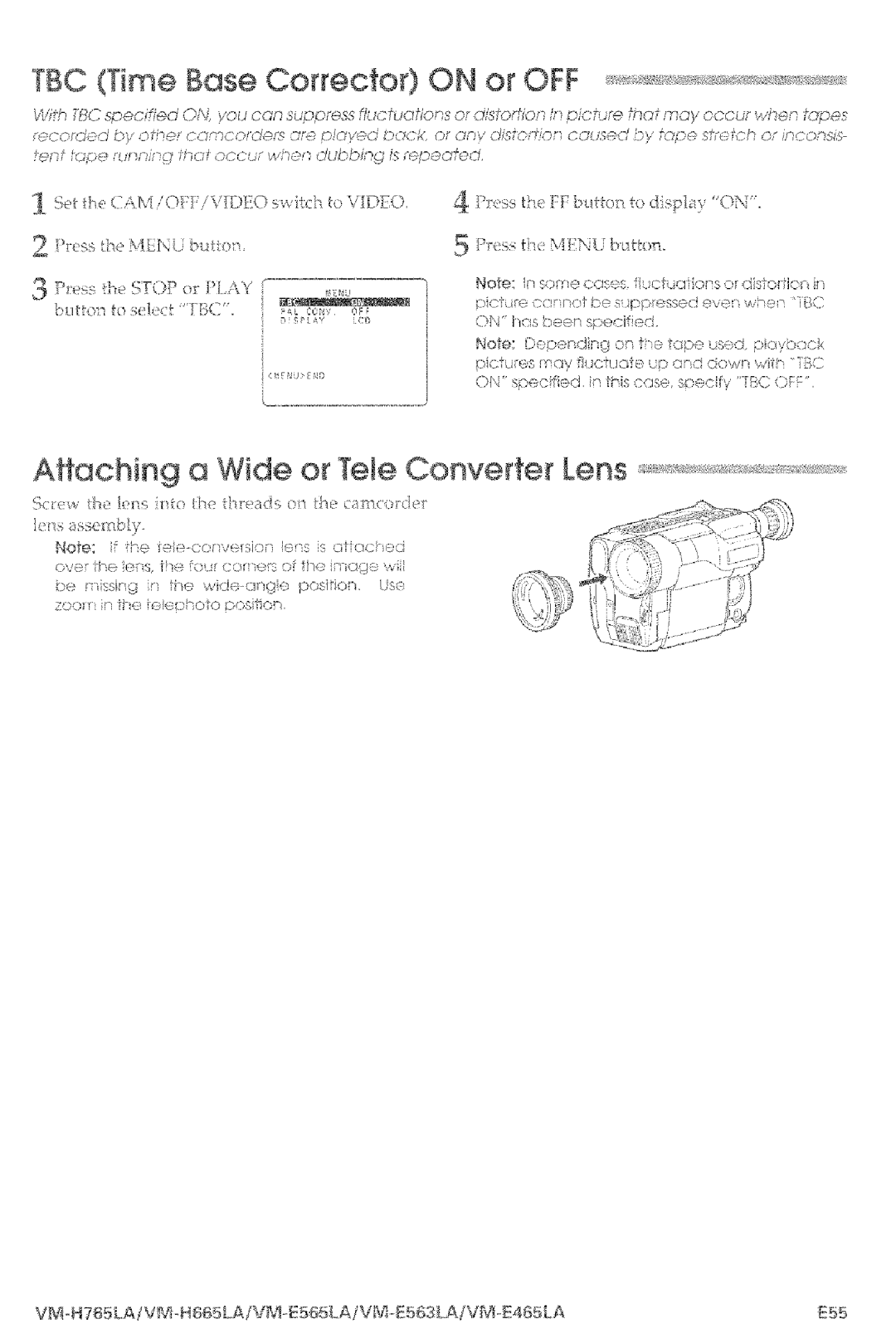 Hitachi VM-E565LA, VM-E465LA manual TBC Time Base CorrecteO on or OFF, Attaching a Wide or Yele Converter Lens, Rss 