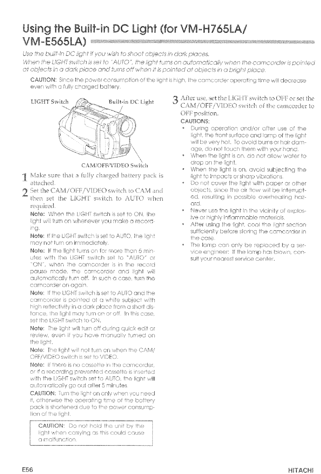 Hitachi VM-E465LA, VM-E565LA manual Using Tuiltqn DC Light for VM-H765LAi E565LA 