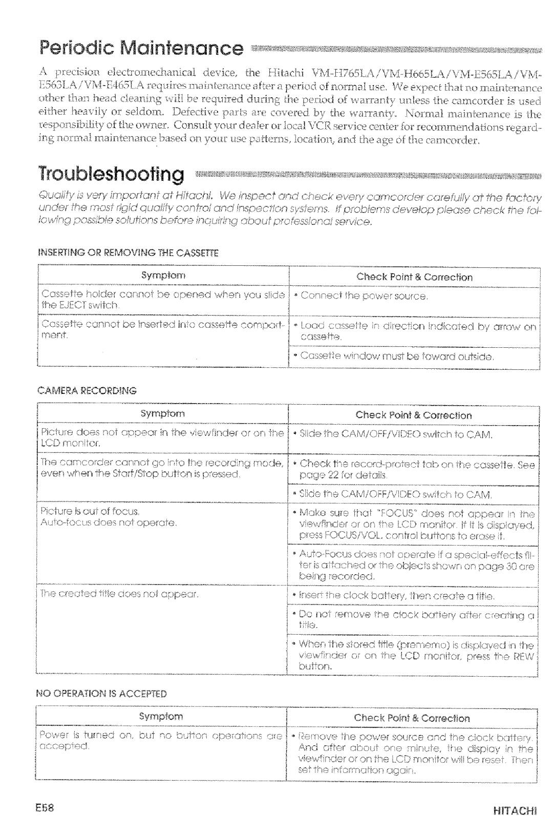 Hitachi VM-E465LA, VM-E565LA manual E58, Symptom Check Point CortecNon, No Operation Is Accepted 