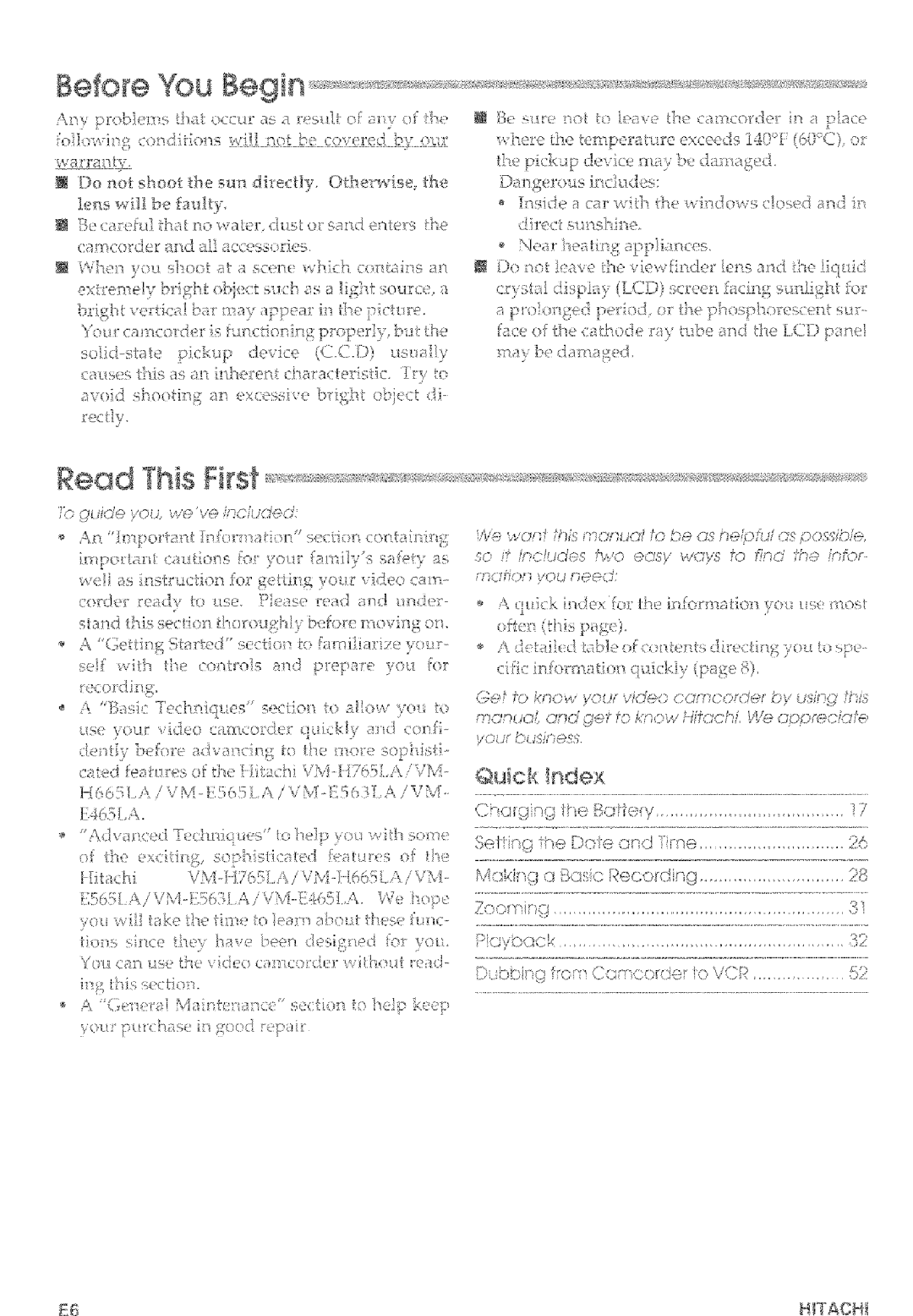 Hitachi VM-E465LA, VM-E565LA manual Before You, Read This First, Quick Index 