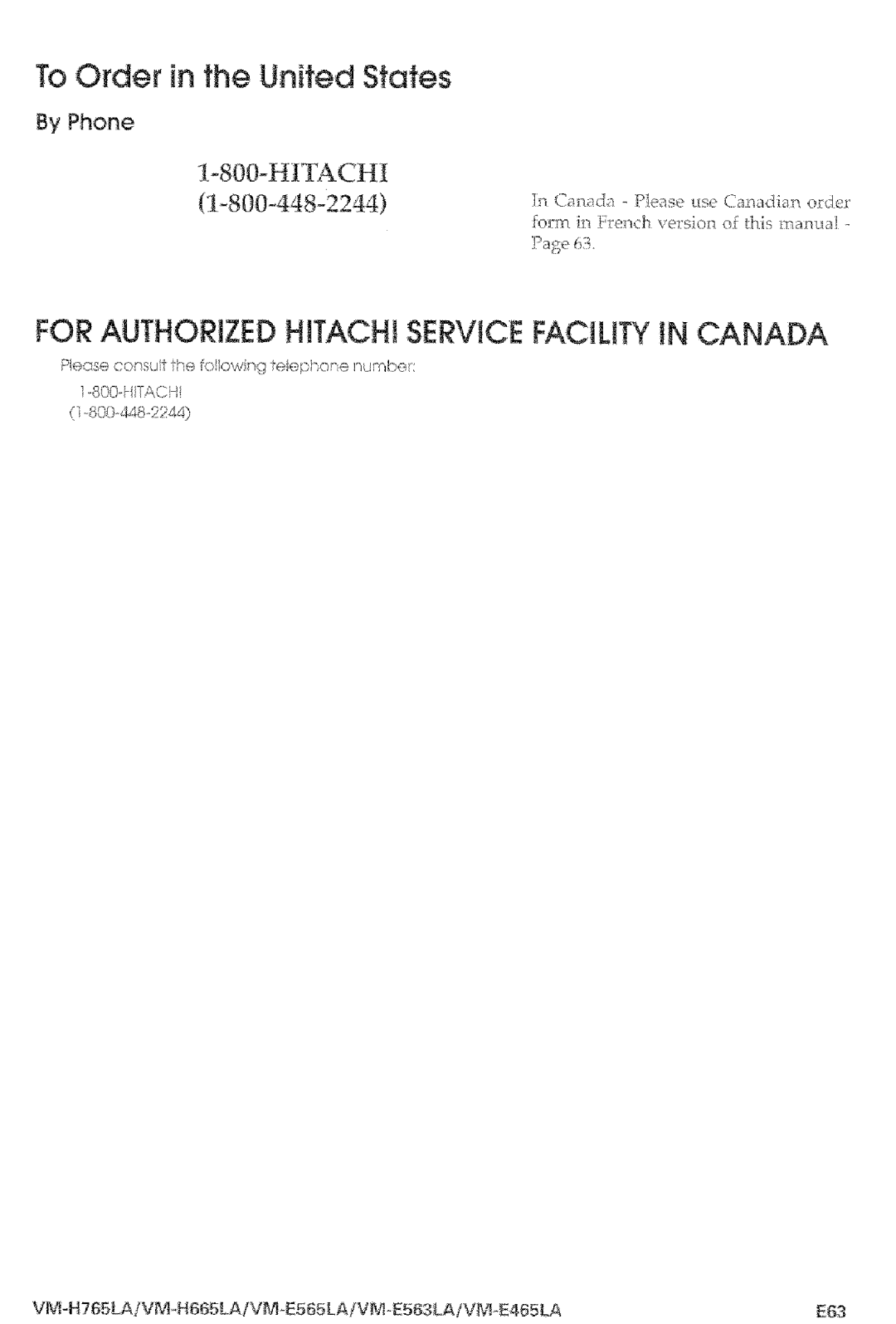 Hitachi VM-E565LA, VM-E465LA manual For Authorized HITACHi Service Facility iN Canada, By Phone 