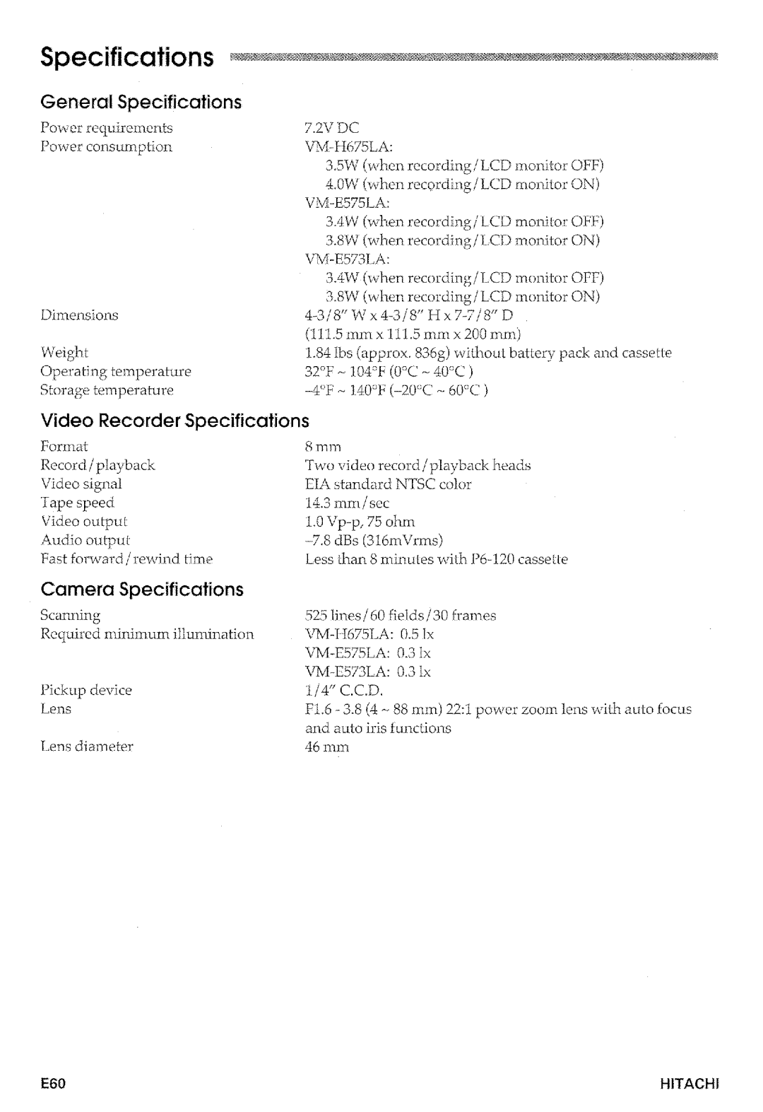 Hitachi VM-E573LA manual 