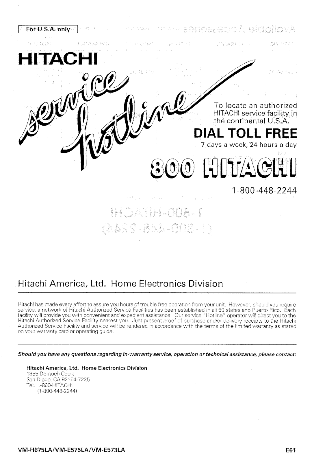 Hitachi VM-E575LA manual 