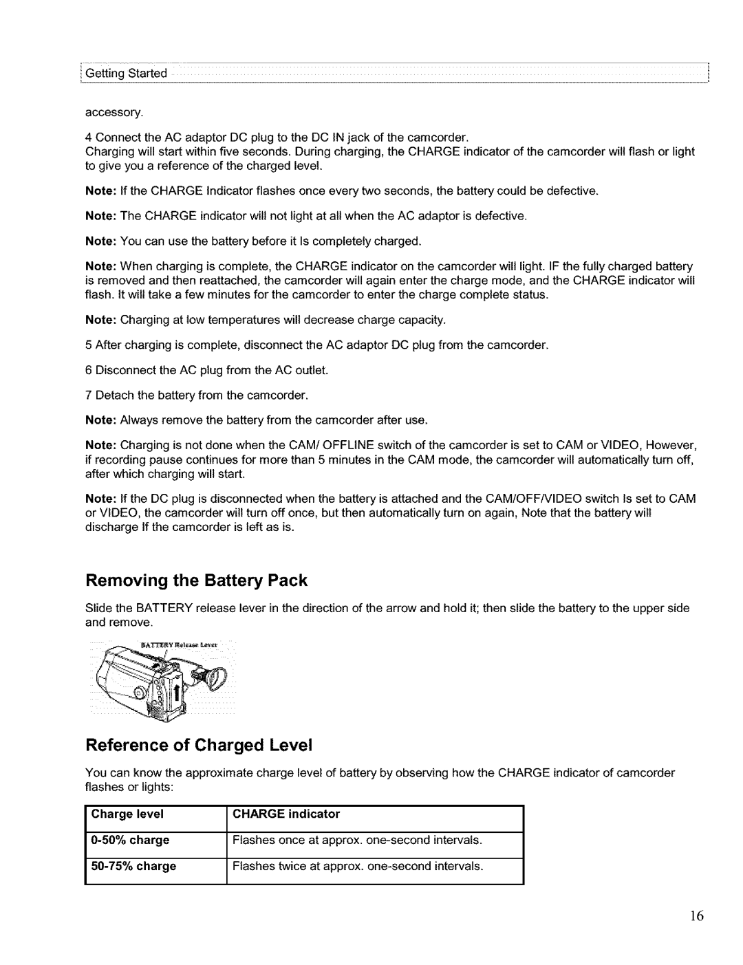 Hitachi VM H 655 LA instruction manual Removing the Battery Pack, Reference of Charged Level 