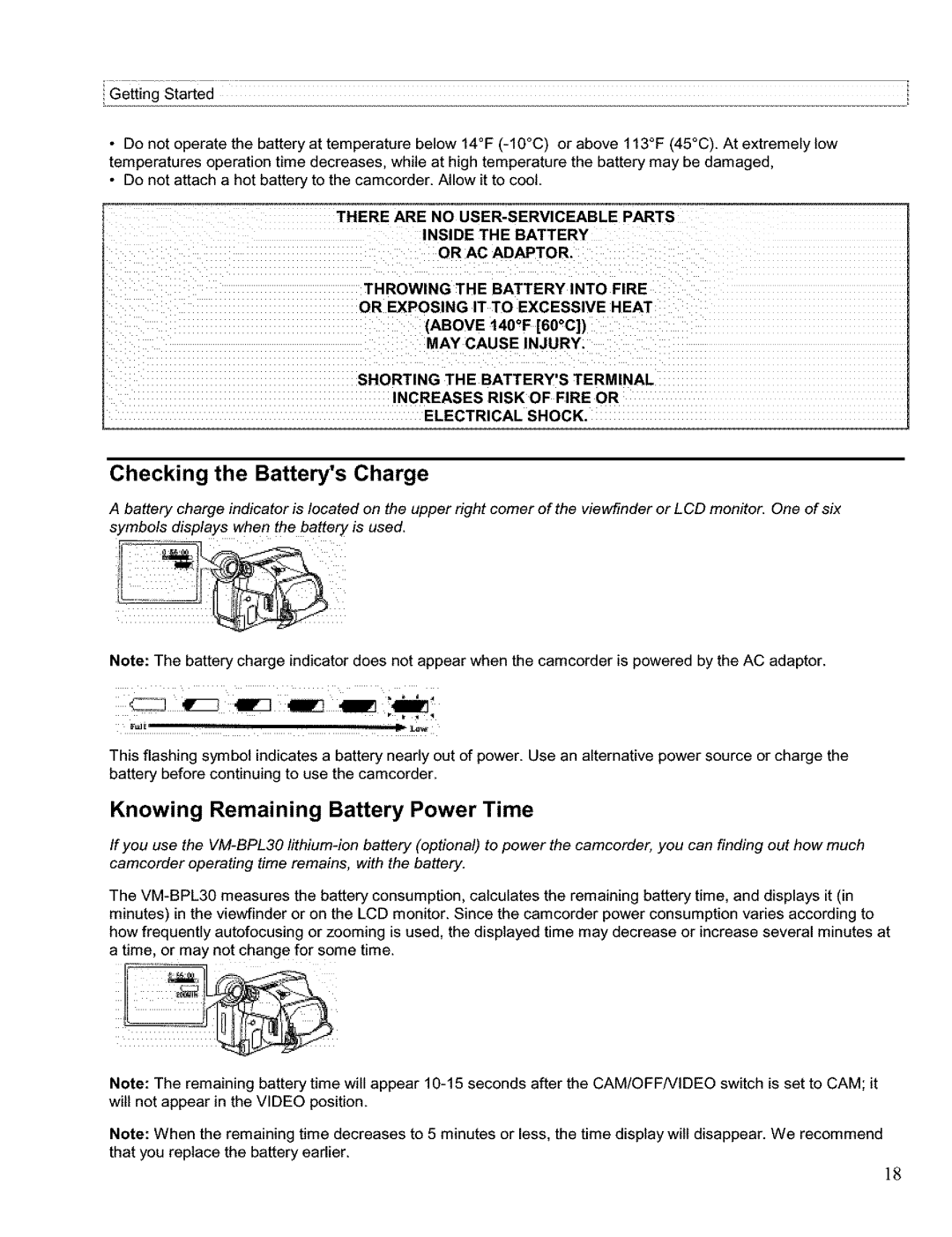 Hitachi VM H 655 LA instruction manual Checking the Batterys Charge, Knowing Remaining Battery Power Time, Above 140F 60C 