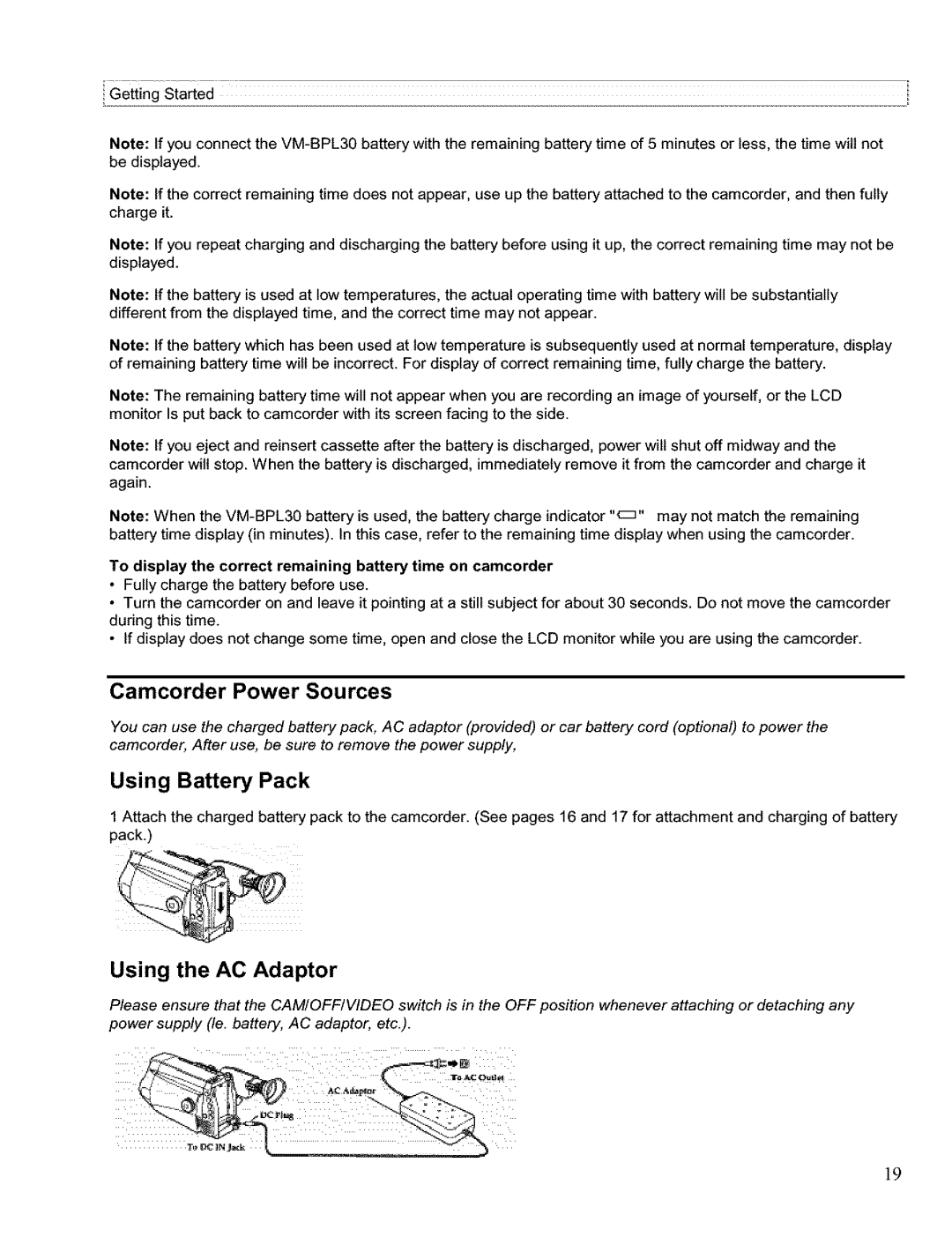 Hitachi VM H 655 LA instruction manual Camcorder Power Sources, To display the correct remaining battery time on camcorder 