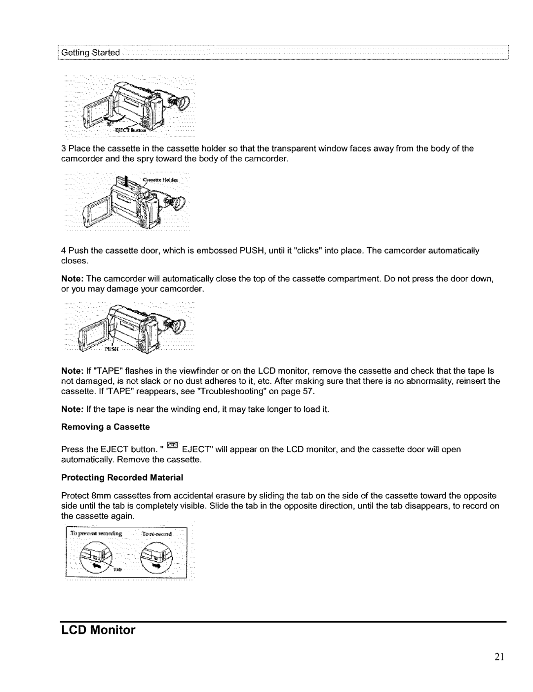 Hitachi VM H 655 LA instruction manual LCD Monitor, Removing a Cassette, Protecting Recorded Material 