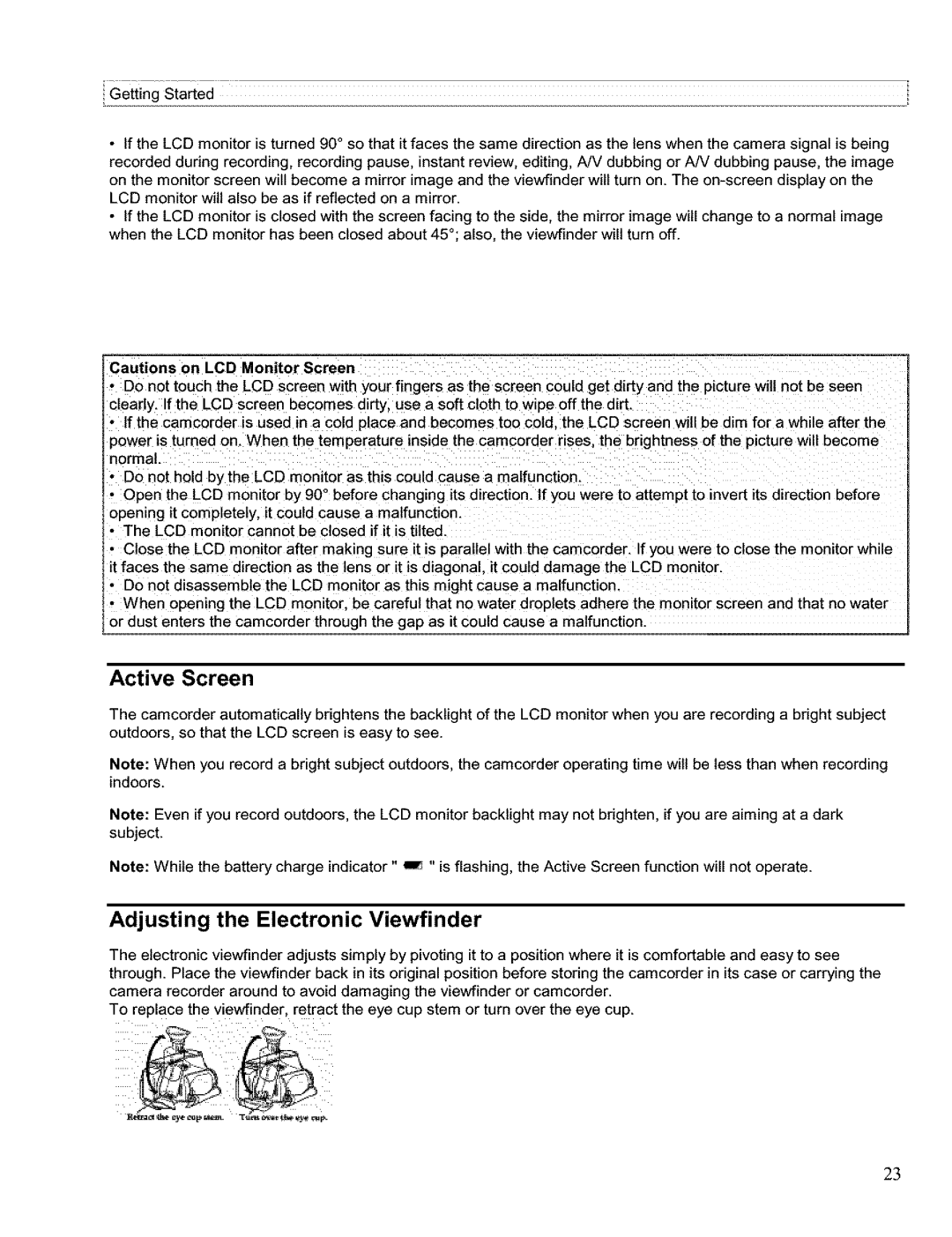 Hitachi VM H 655 LA instruction manual Active Screen, Adjusting the Electronic Viewfinder 