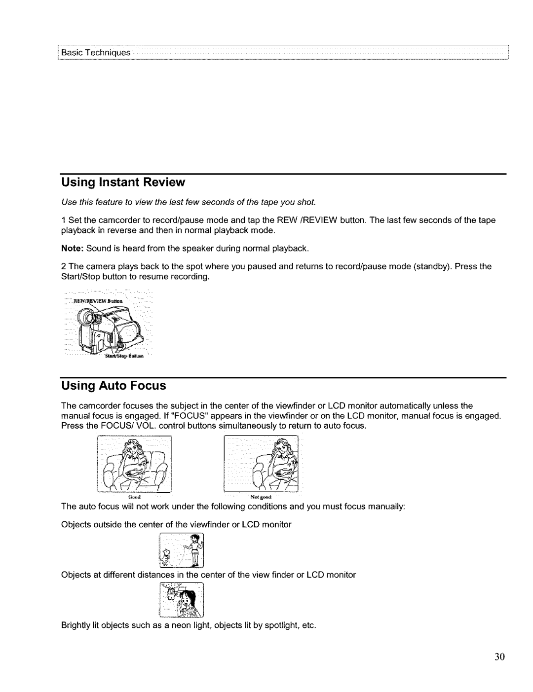 Hitachi VM H 655 LA instruction manual Using Instant Review, Using Auto Focus 