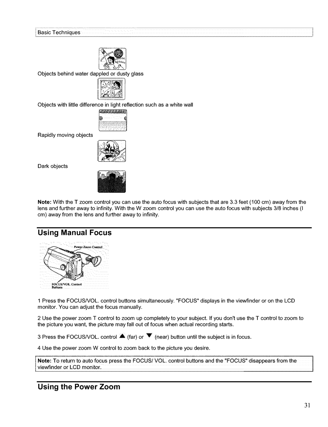 Hitachi VM H 655 LA instruction manual Using Manual Focus, Using the Power Zoom 