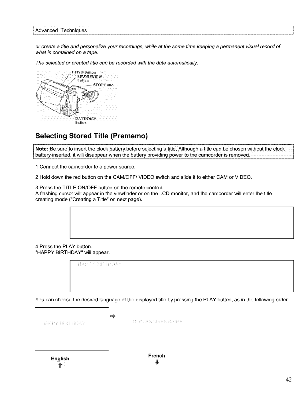 Hitachi VM H 655 LA instruction manual Selecting Stored Title Prememo, French English 