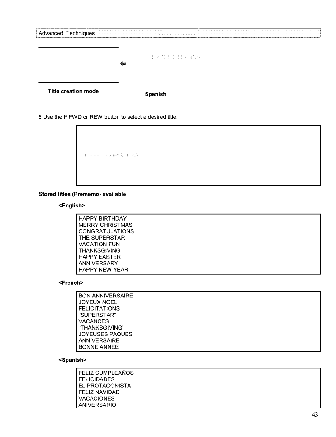 Hitachi VM H 655 LA instruction manual Title creation mode Spanish, Stored titles Prememo available English, French 