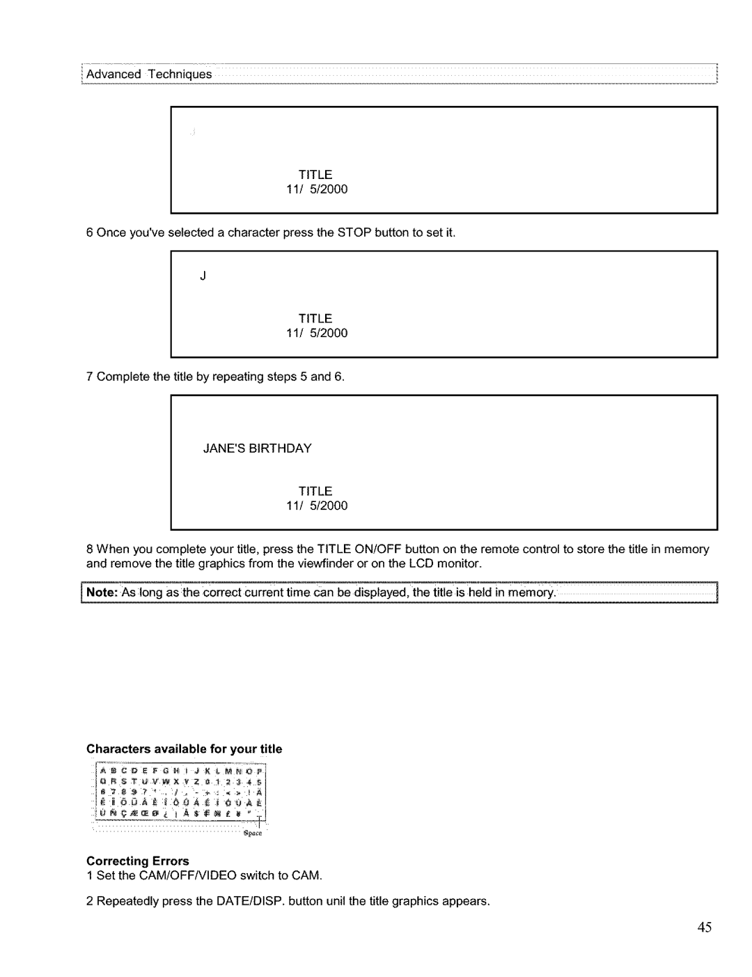 Hitachi VM H 655 LA instruction manual Janes Birthday, Characters available for your title 