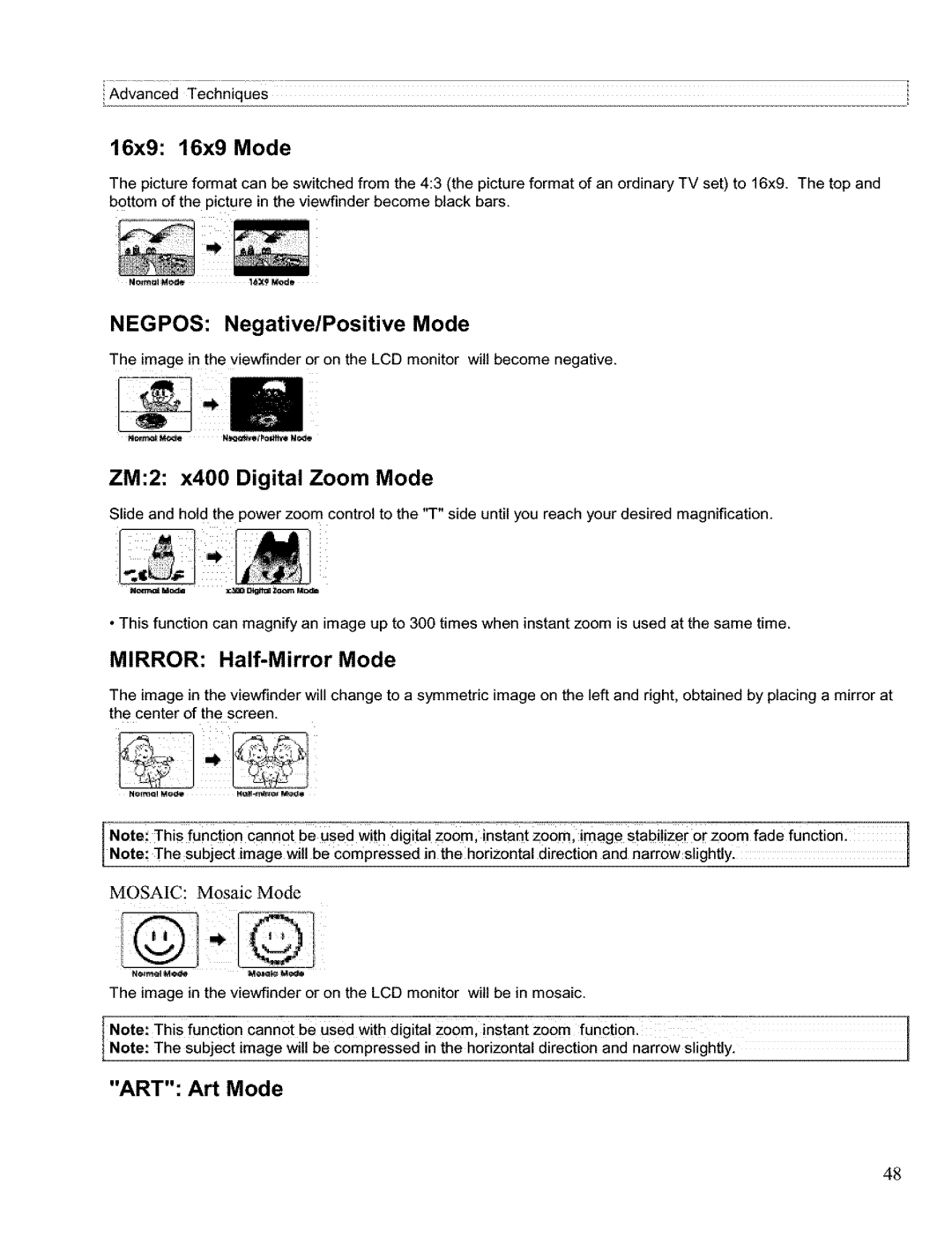 Hitachi VM H 655 LA 16x916x9 Mode, Negpos Negative/Positive Mode, ZM2x400 Digital Zoom Mode, Mirror Half-Mirror Mode 