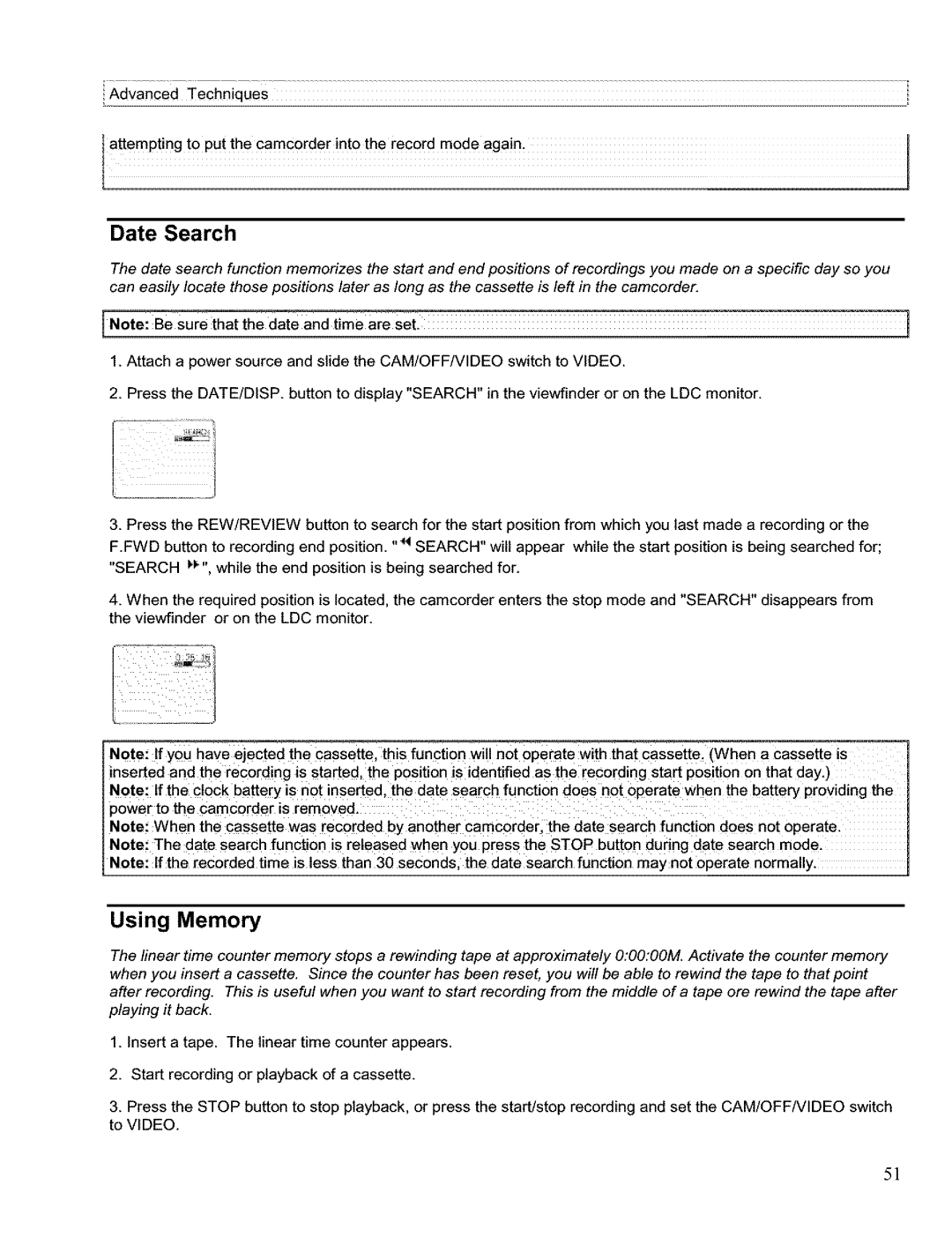 Hitachi VM H 655 LA instruction manual Date Search, Using Memory 