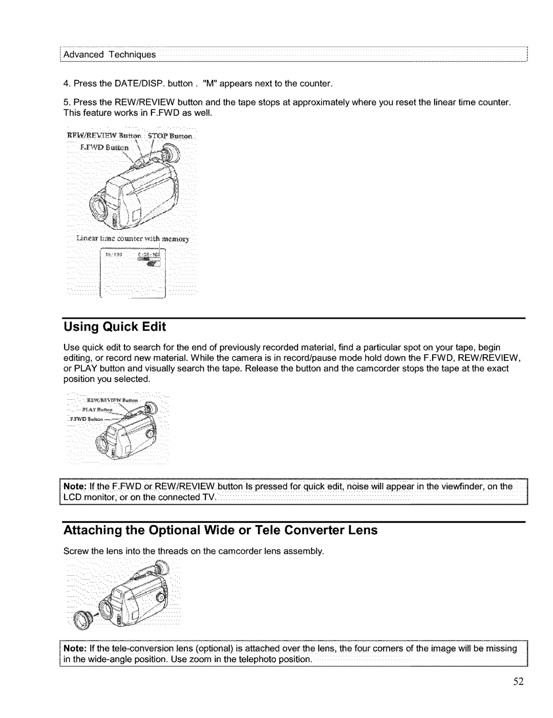 Hitachi VM H 655 LA instruction manual Using Quick Edit, Attaching the Optional Wide or Tele Converter Lens 