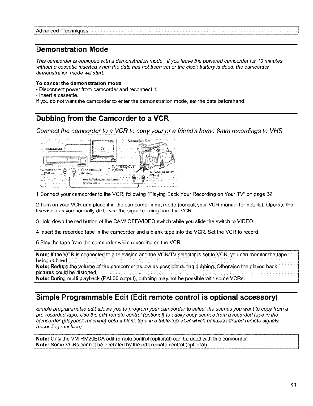 Hitachi VM H 655 LA instruction manual Demonstration Mode, Dubbing from the Camcorder to a VCR 