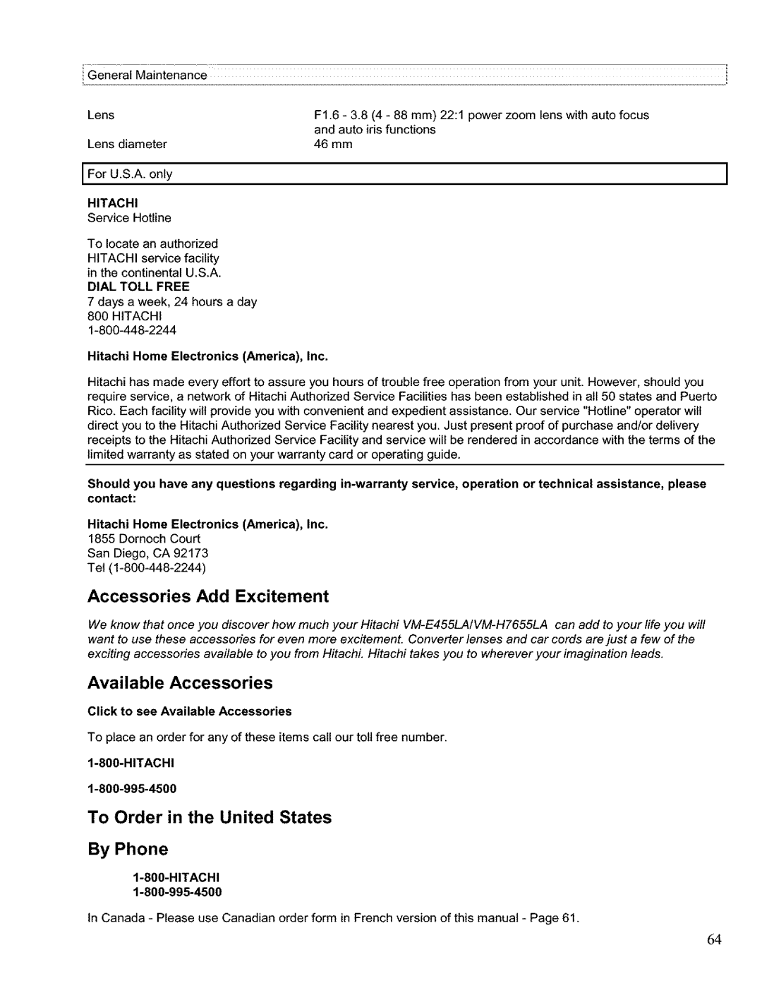 Hitachi VM H 655 LA instruction manual To Order in the United States, Dial Toll Free, Hitachi Home Electronics America, Inc 