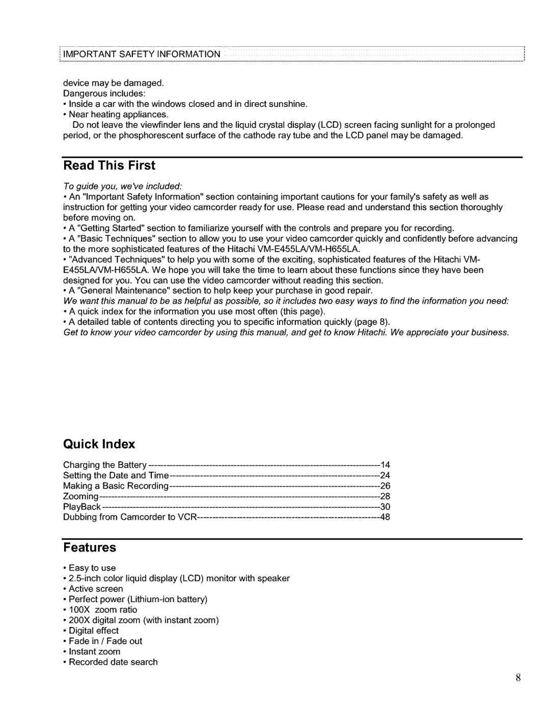 Hitachi VM H 655 LA instruction manual Read This First, Quick Index, Features 