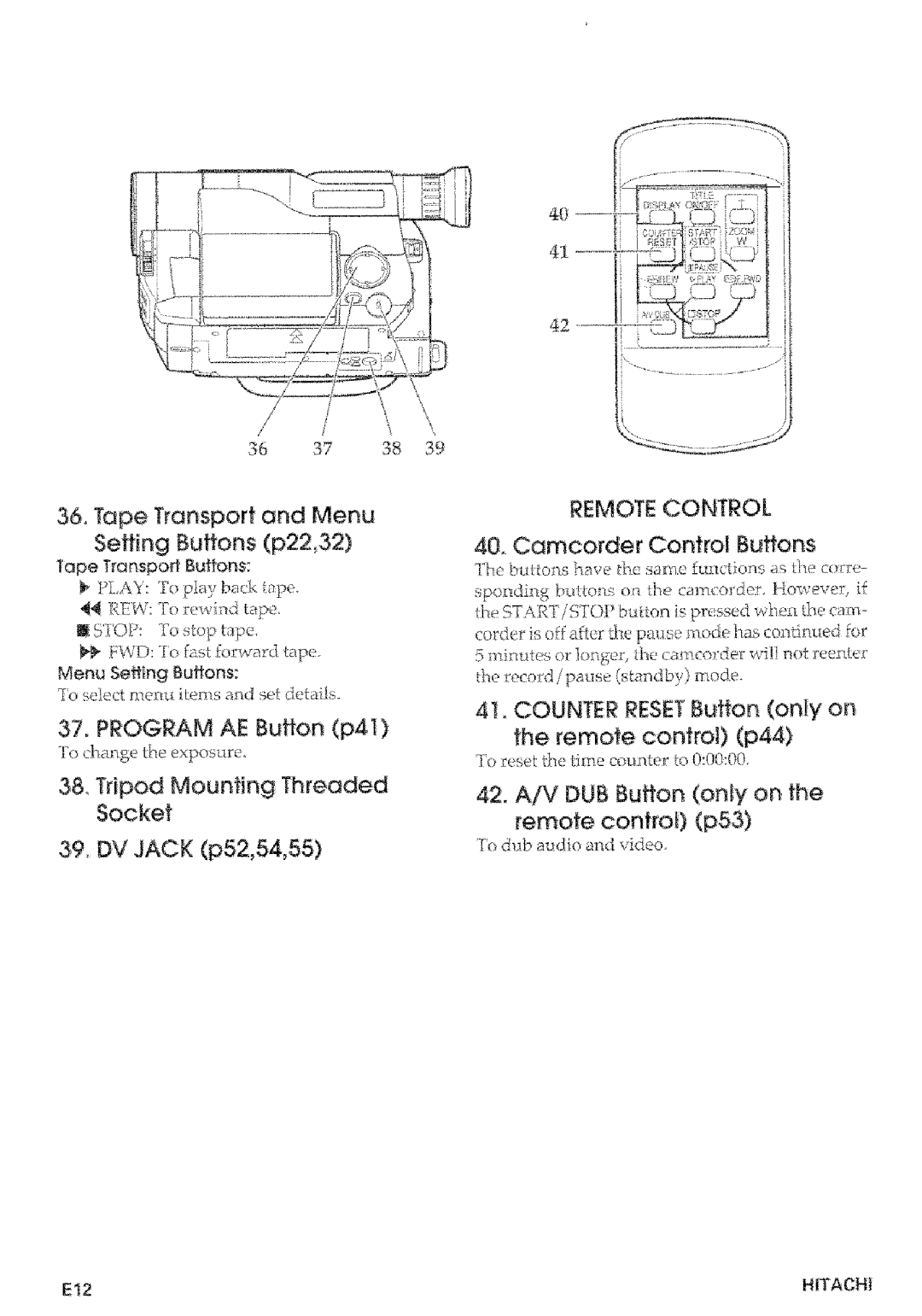 Hitachi VMD875LA instruction manual 36, Tape Transport and Menu Setting Buttons p22,32, Camcorder Control Buttons 